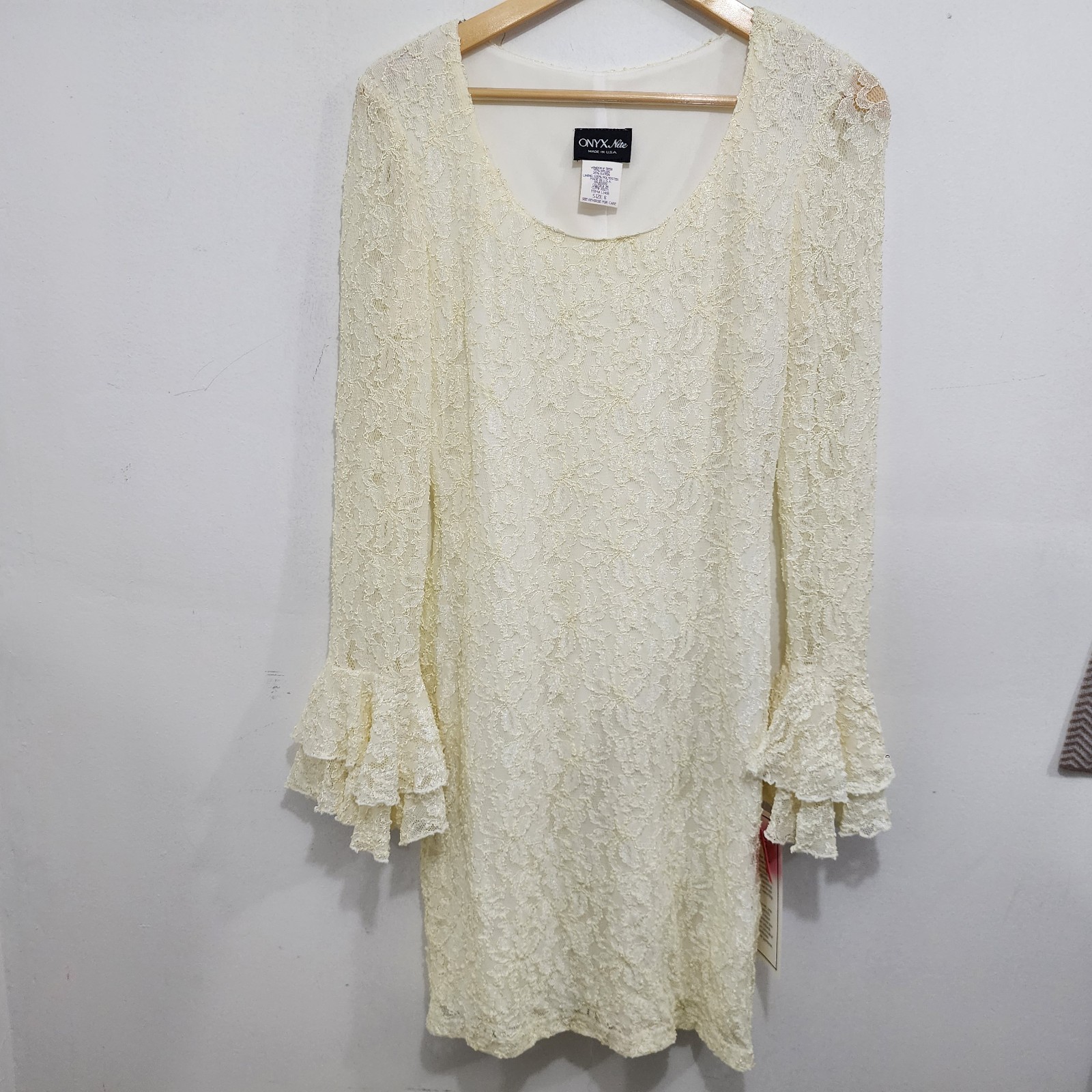 Onyx Nite 90s Vintage Cream Lace Bell Sleeve Mini Dress NEW Womens Sz 8 Stretch