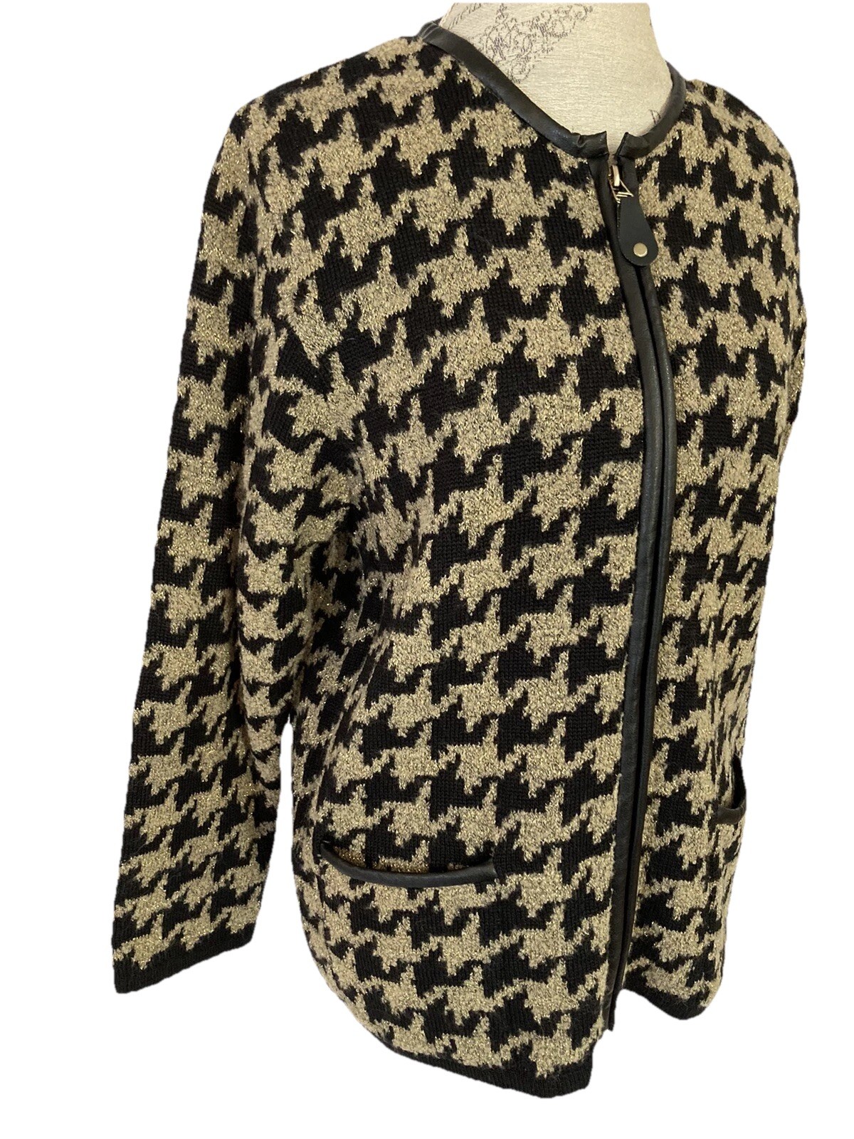 Vintage Rochelle California Women’s Sweater Jacket Zip Metallic Black Gold Sz PL