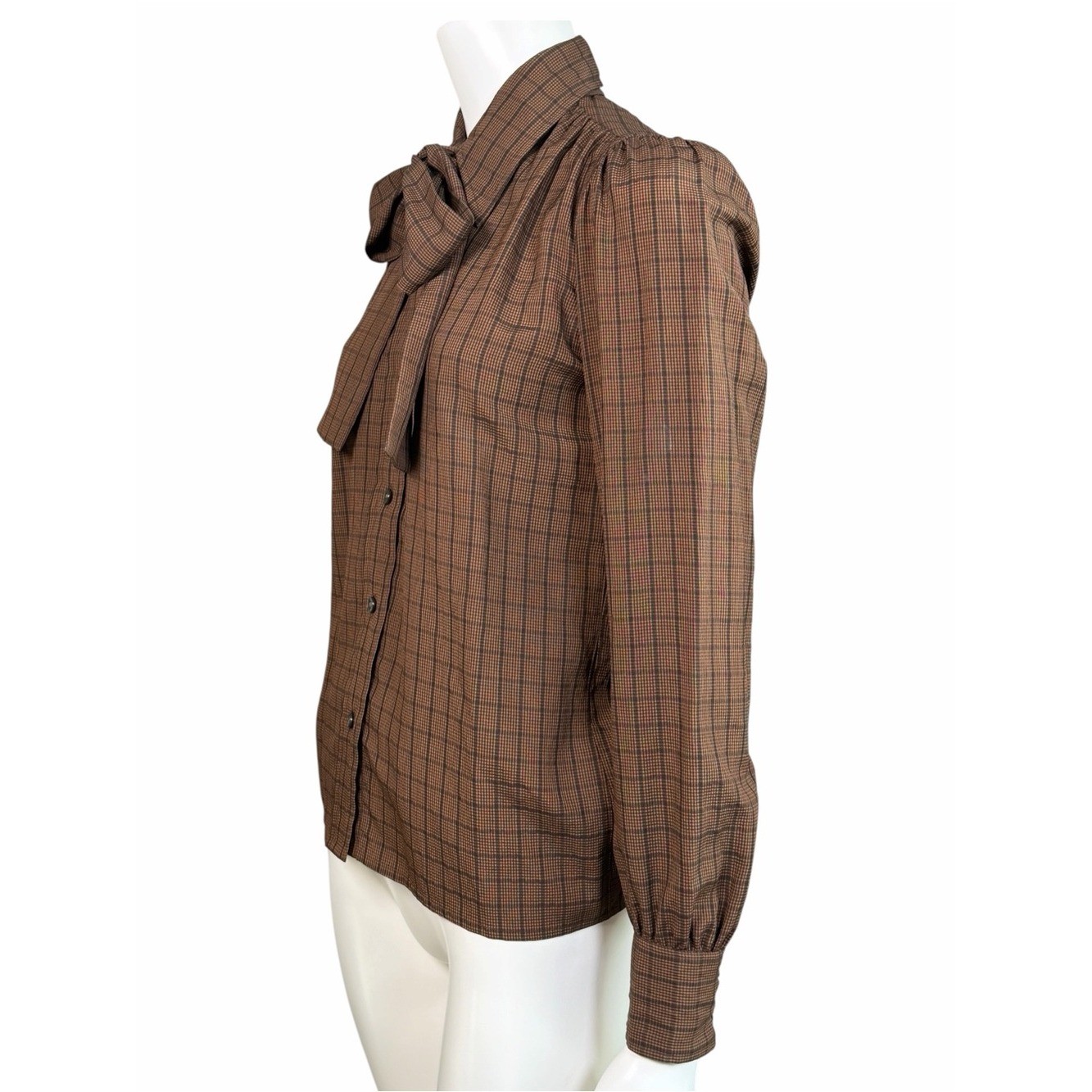 Vintage Saint Laurent Rive Gauche Silk Bow Tie Plaid Blouse EU 34 US 2