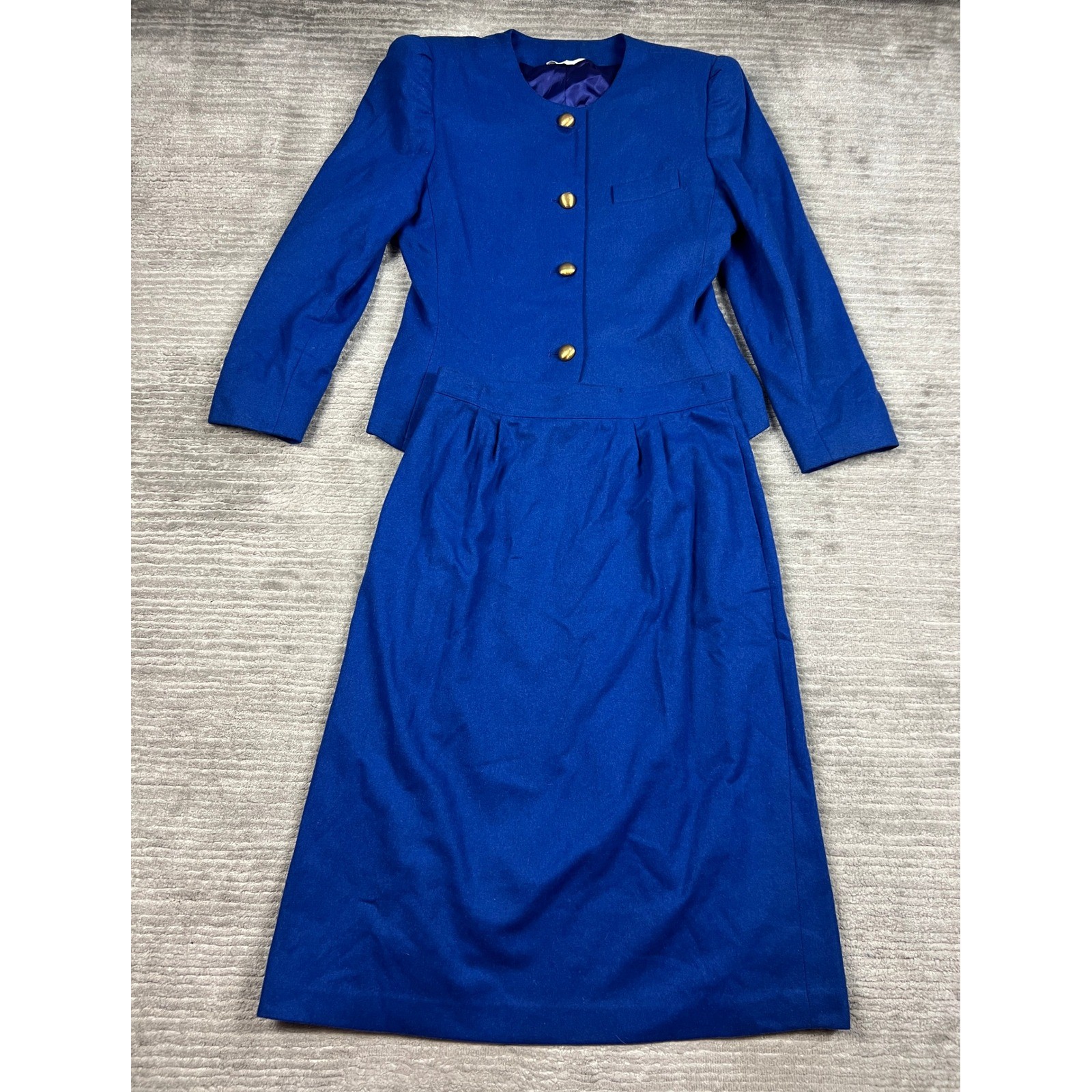 Mark Alexander Skirt Suit Womens 14 Blue Vintage Wool Blend Gold Button 2 Piece