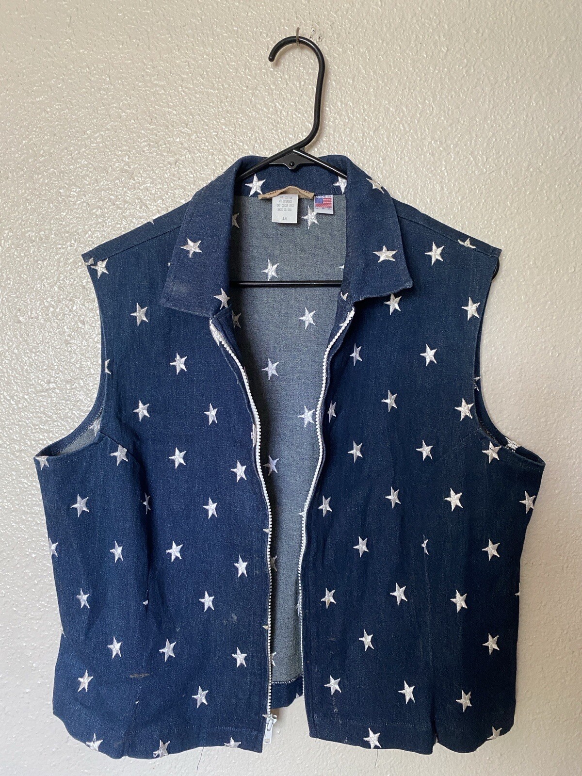 Vintage Painted Pony Zip Vest Denim USA Flag Stars Patriotic America Blue 14 S/M