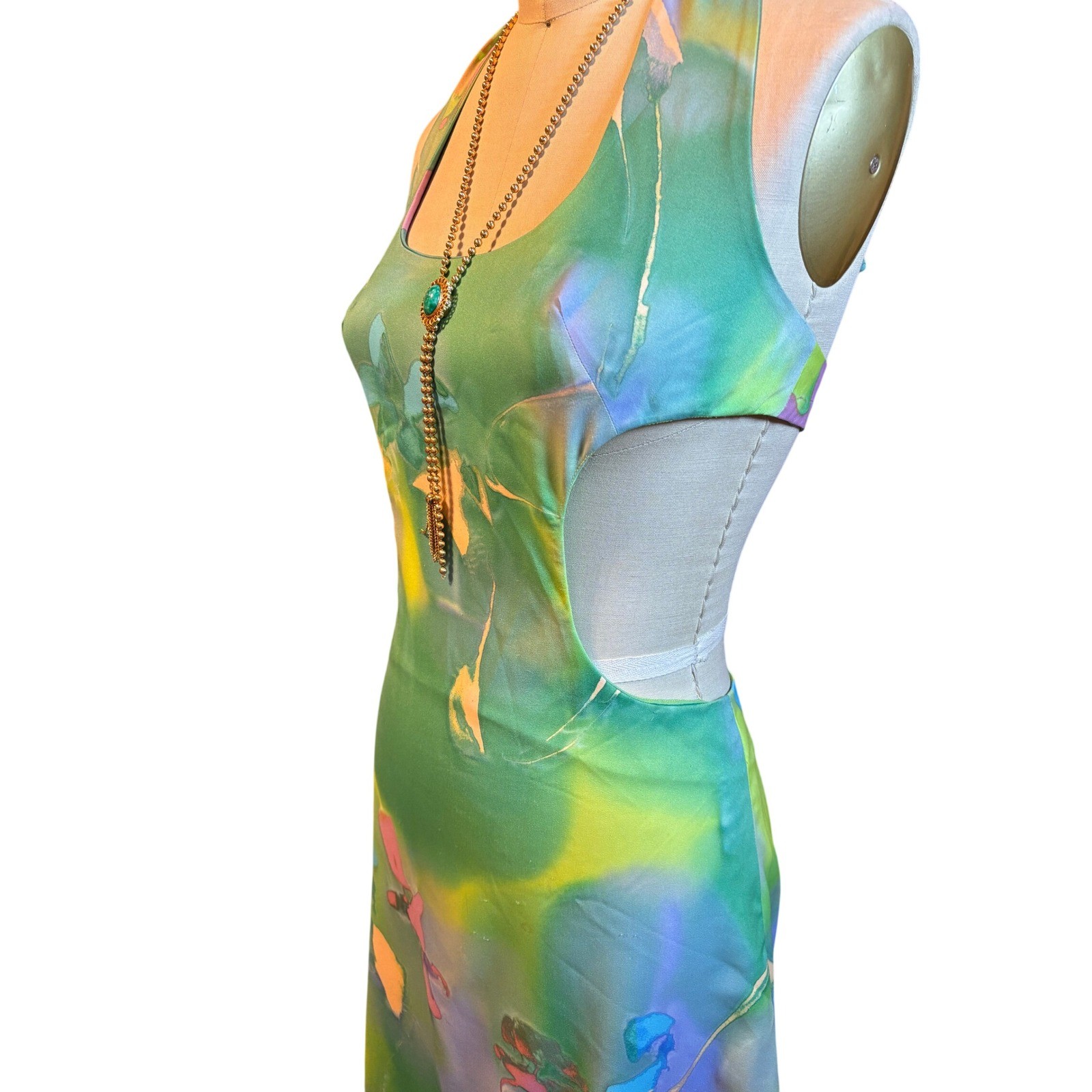 Watercolor Abstract Maxi Dress Set Halter Cutout Bolero Hippie Green Vintage