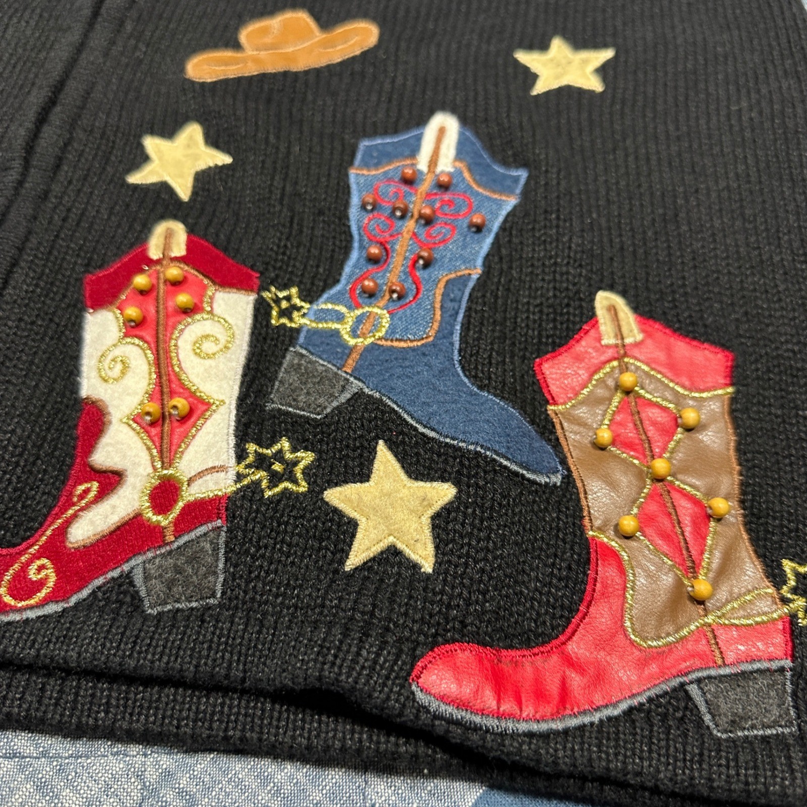 Vintage Tiara International Western Cowboy Boot Beaded Sweater Vest Black XL