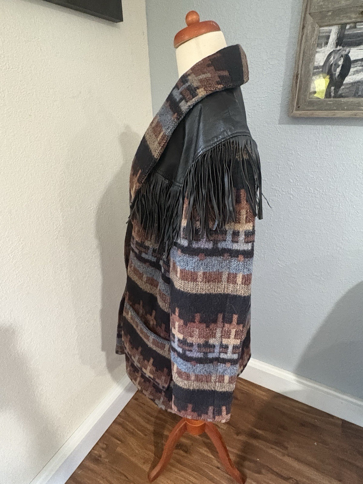 Vintage Pioneer Wear Southwestern Wool Blanket Coat Leather Fringe Jacket USA M