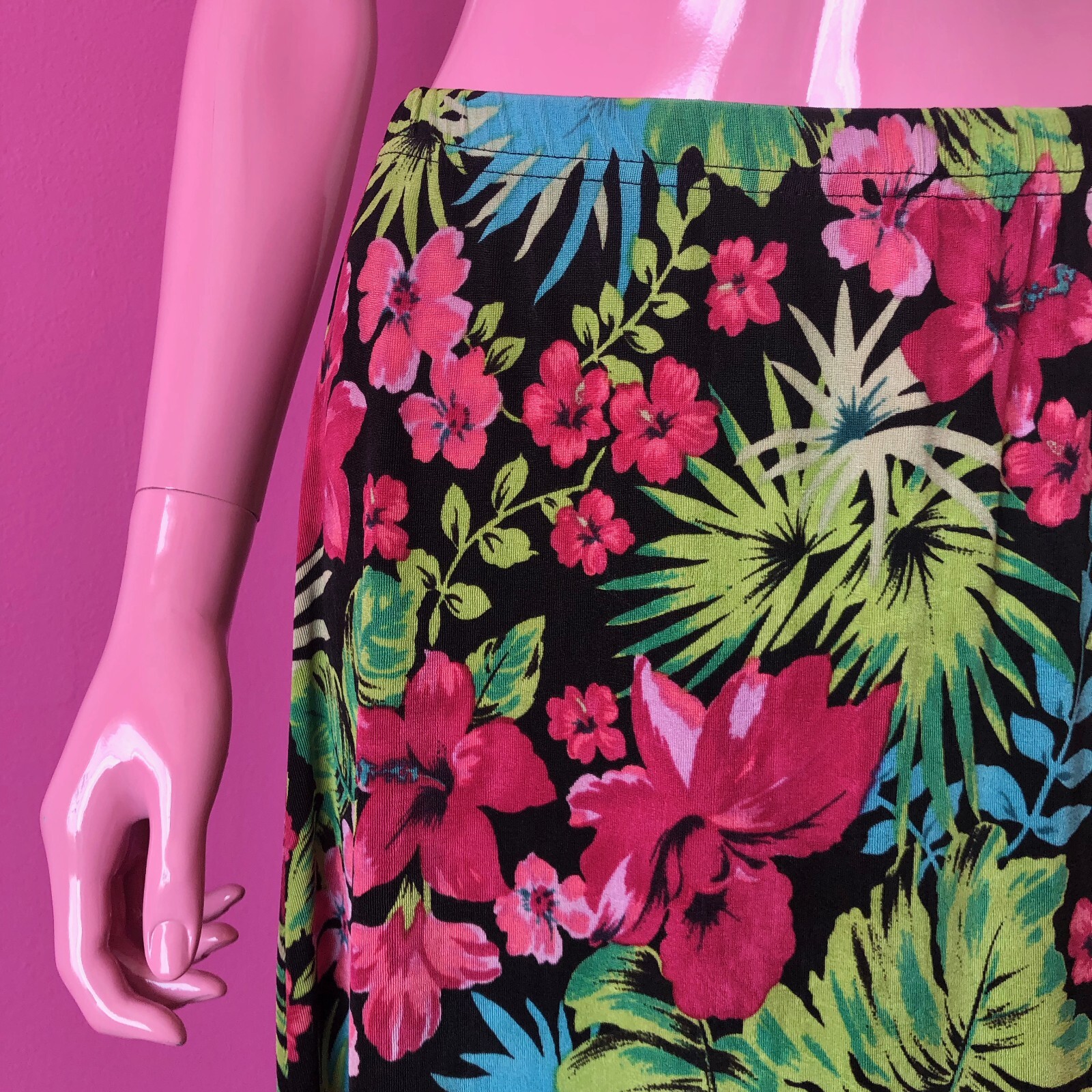 Vintage 90s M/L Midi Skirt Cotton Slinky Stretchy Tropical Floral Elastic Waist
