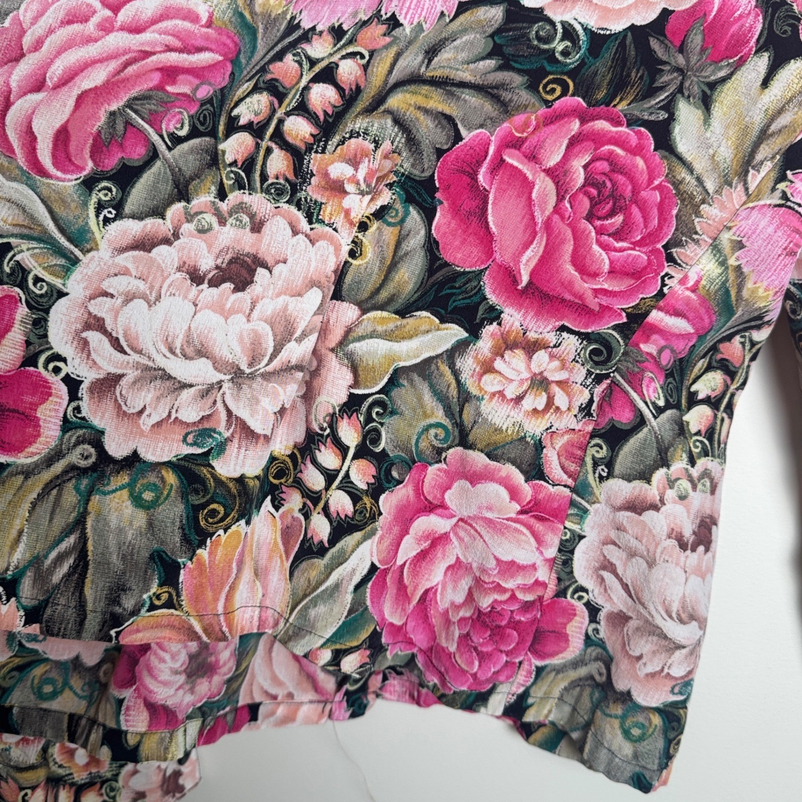 Dana Buchman 100% Silk Floral Blouse Pink Green Black Vintage 90s Size 14