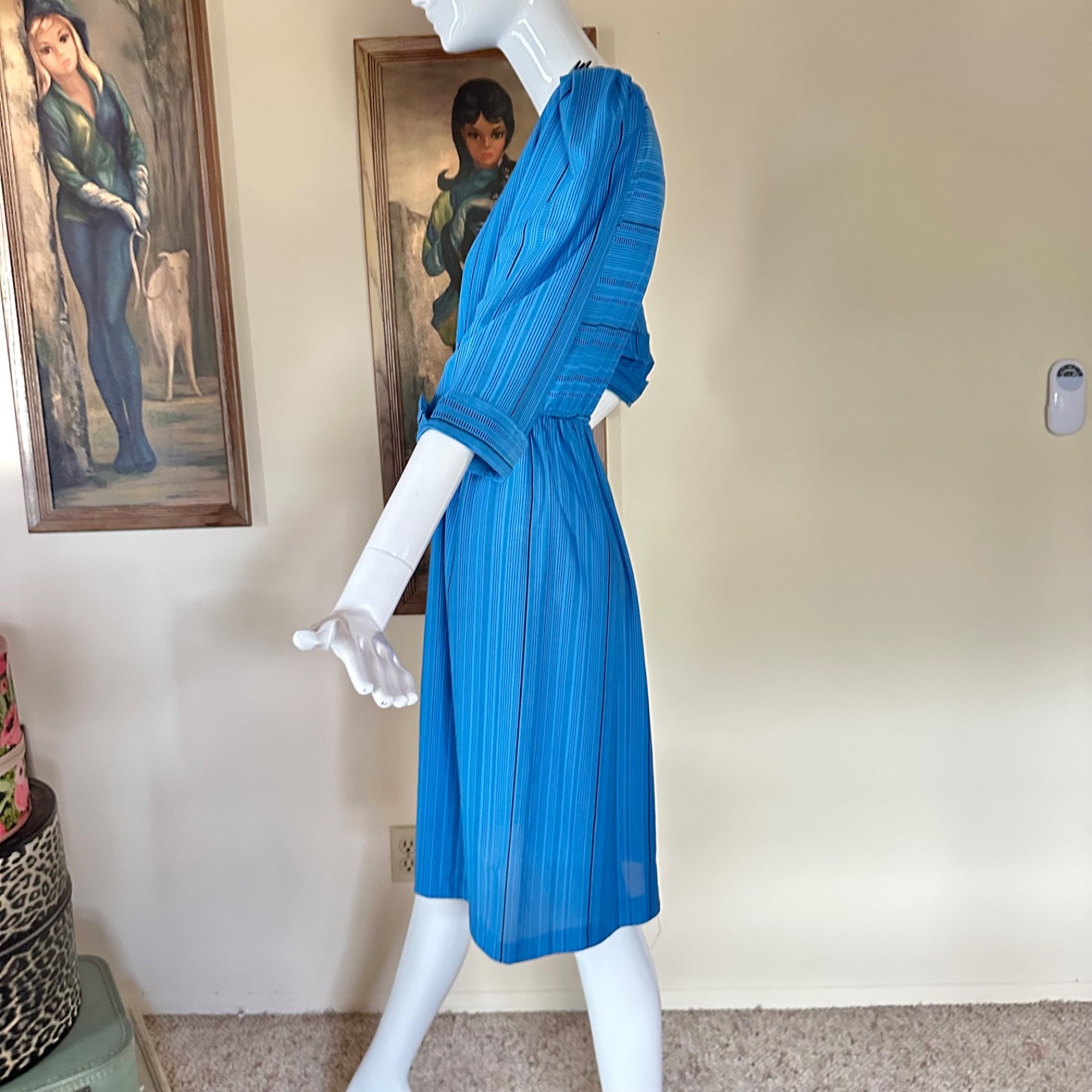 Vintage 1980s New Wave Dashes Striped Midi Day Dress Preppy Secretary M