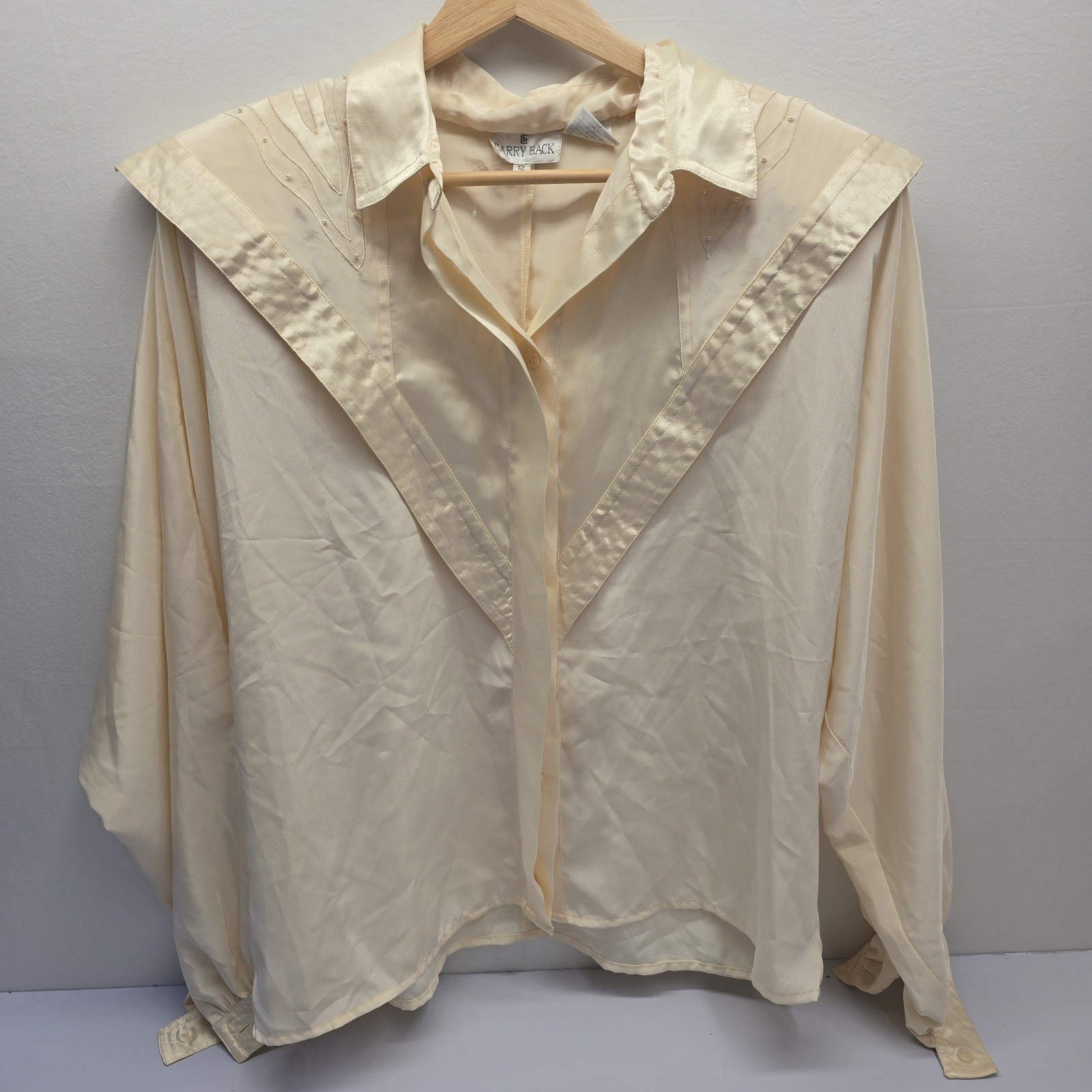 Carry Back Vintage 80s Cream Blouse Faux Pearl Satin Trim Dolman Sleeve Size 12