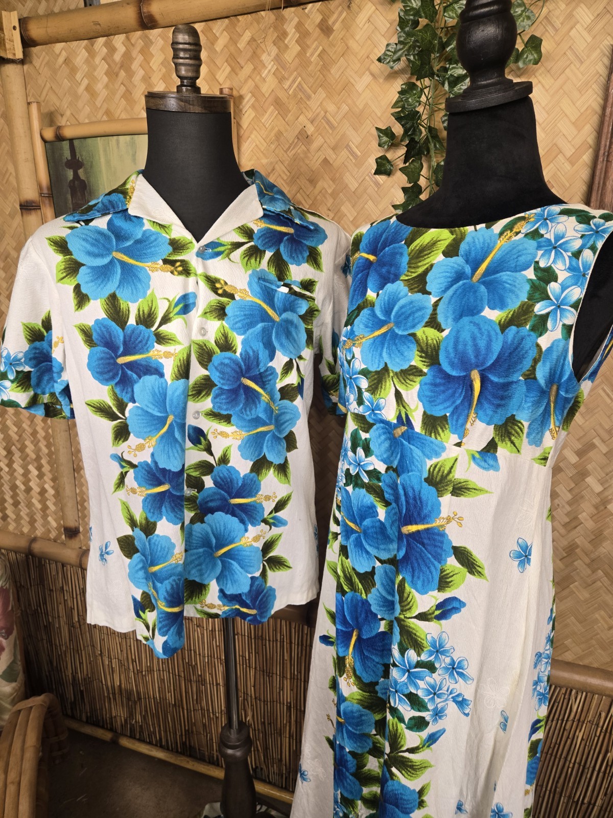 Vintage Ui-maikai Hawaiian Barkcloth Honeymoon Aloha Dress & Shirt Set w1257