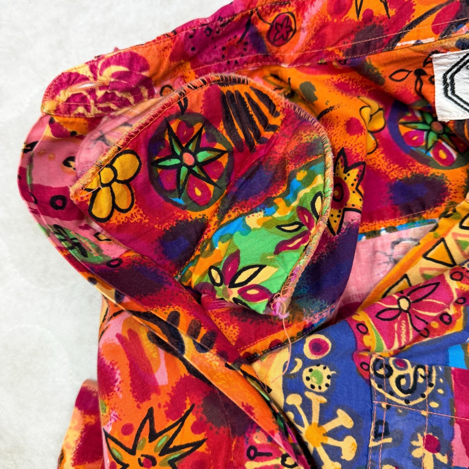 Vtg 90s Company One Cotton Button Up Shirt Shoulder Pads Funky Boho Dopamine Art