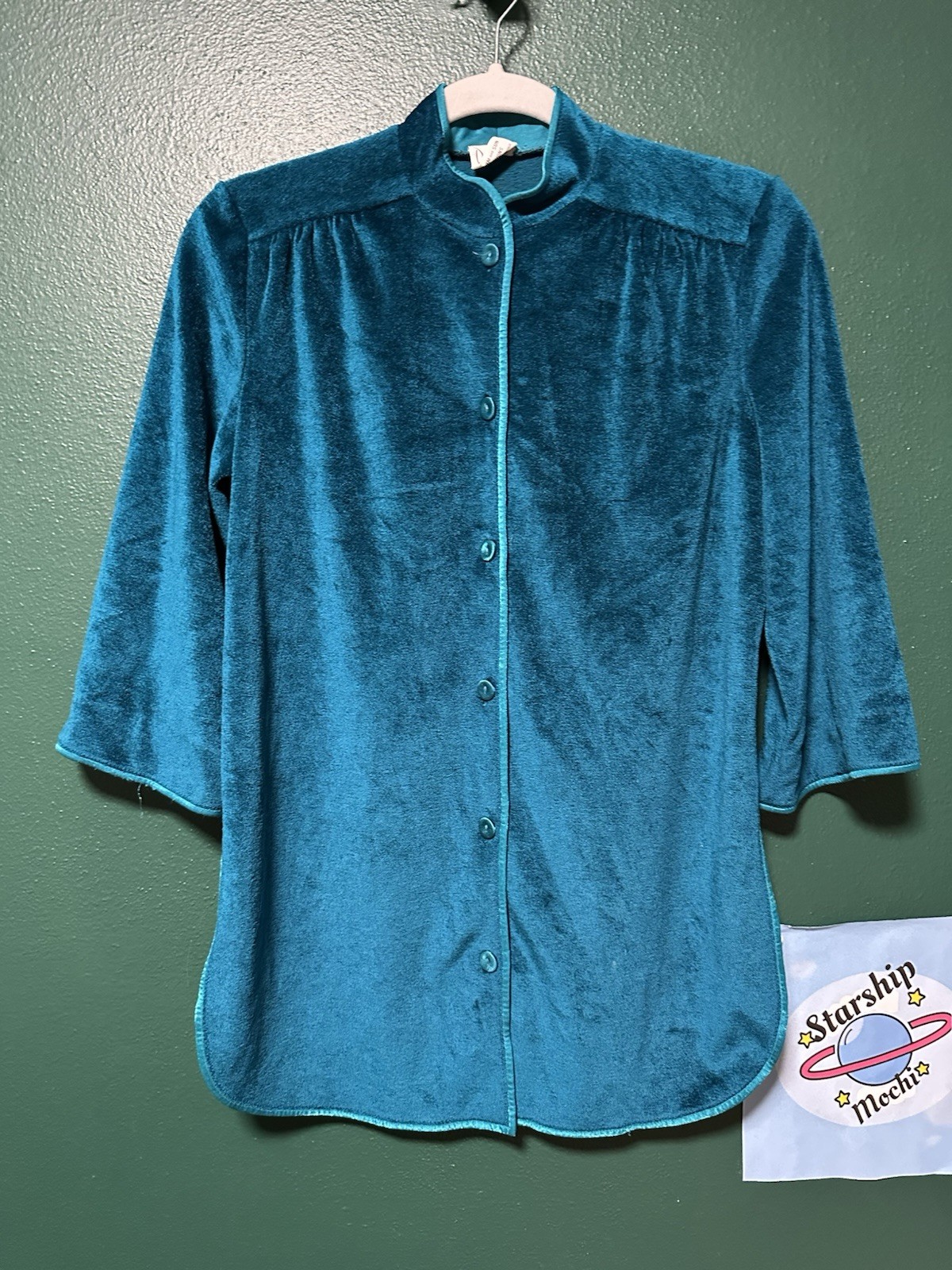 Vintage 60s Terry Cloth Teal Shirt De Weese Designs Bathing Suit Cover Button Up