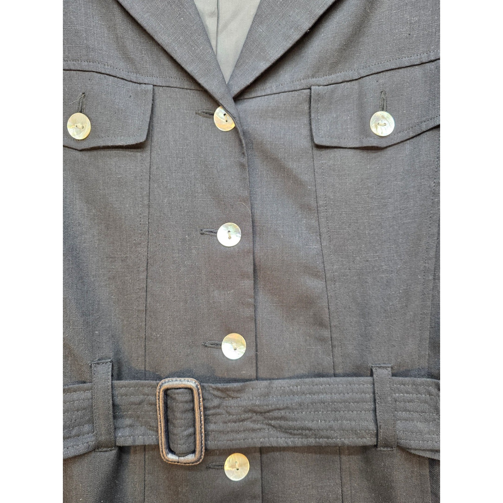 Stanley Blacker Safari Jacket Women 10 Black Excellent VTG Belted Linen Blend