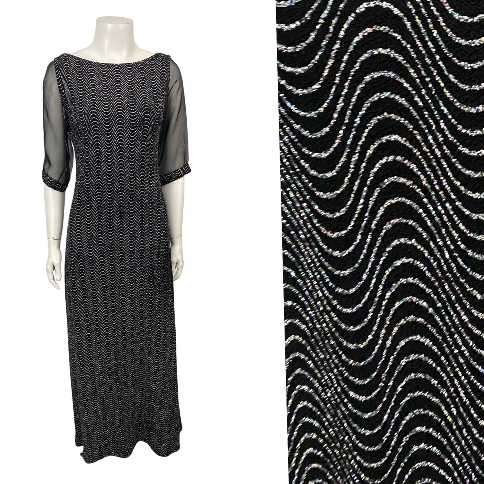 90s Black Sheer Sparkle Maxi Prom Dress Sheer Sleeves Open Back Small ^