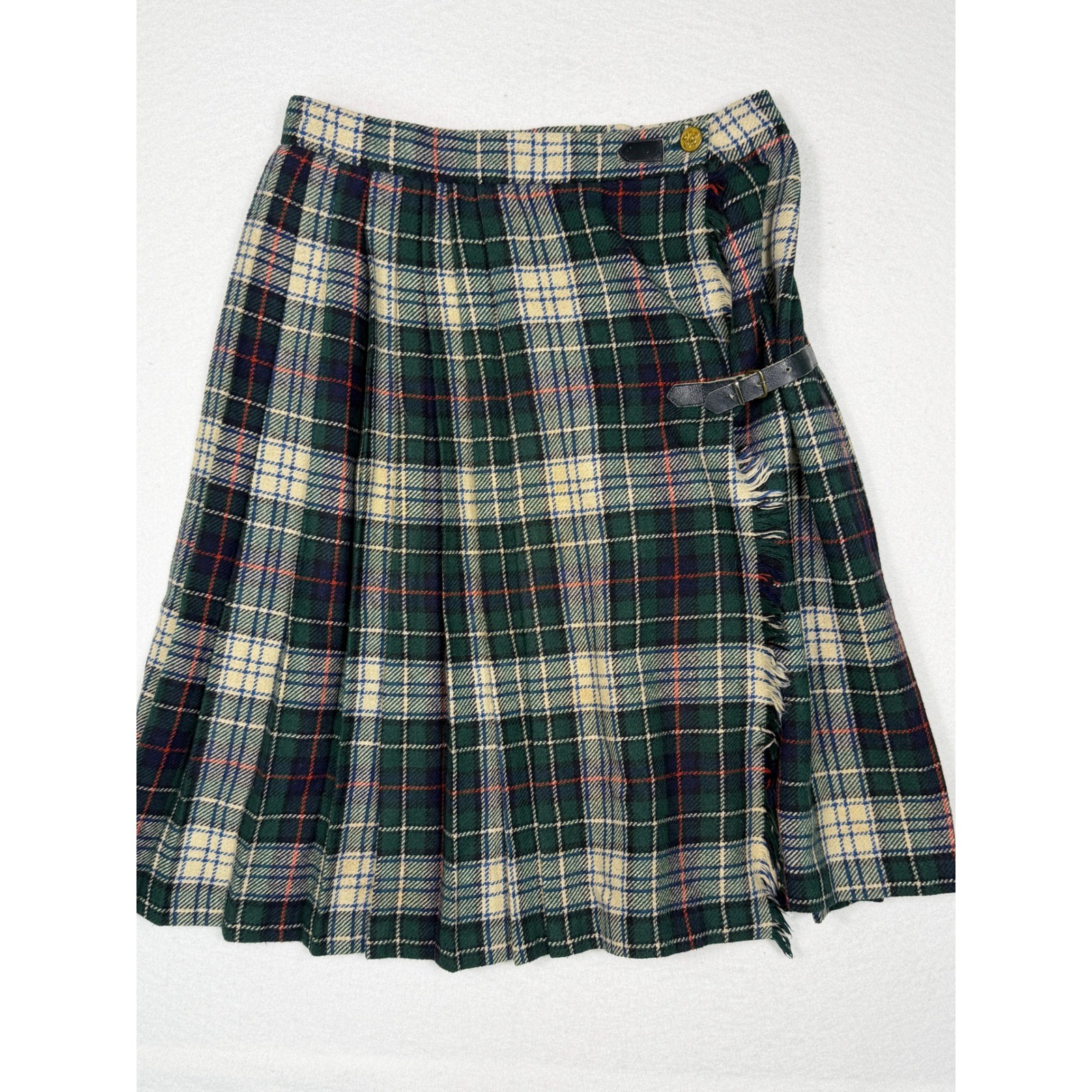 G.J. Forbes Plaid Kilt Skirt Womens 5/6 Green Vintage Pleated Buckle Wrap USA
