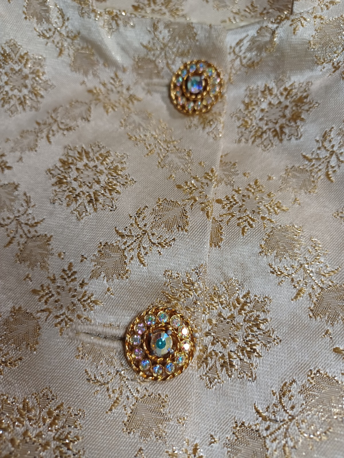 True VTG 1960s Mid-century Gold Brocade Dress Jacket Set Jackie Kennedy S/M MCM