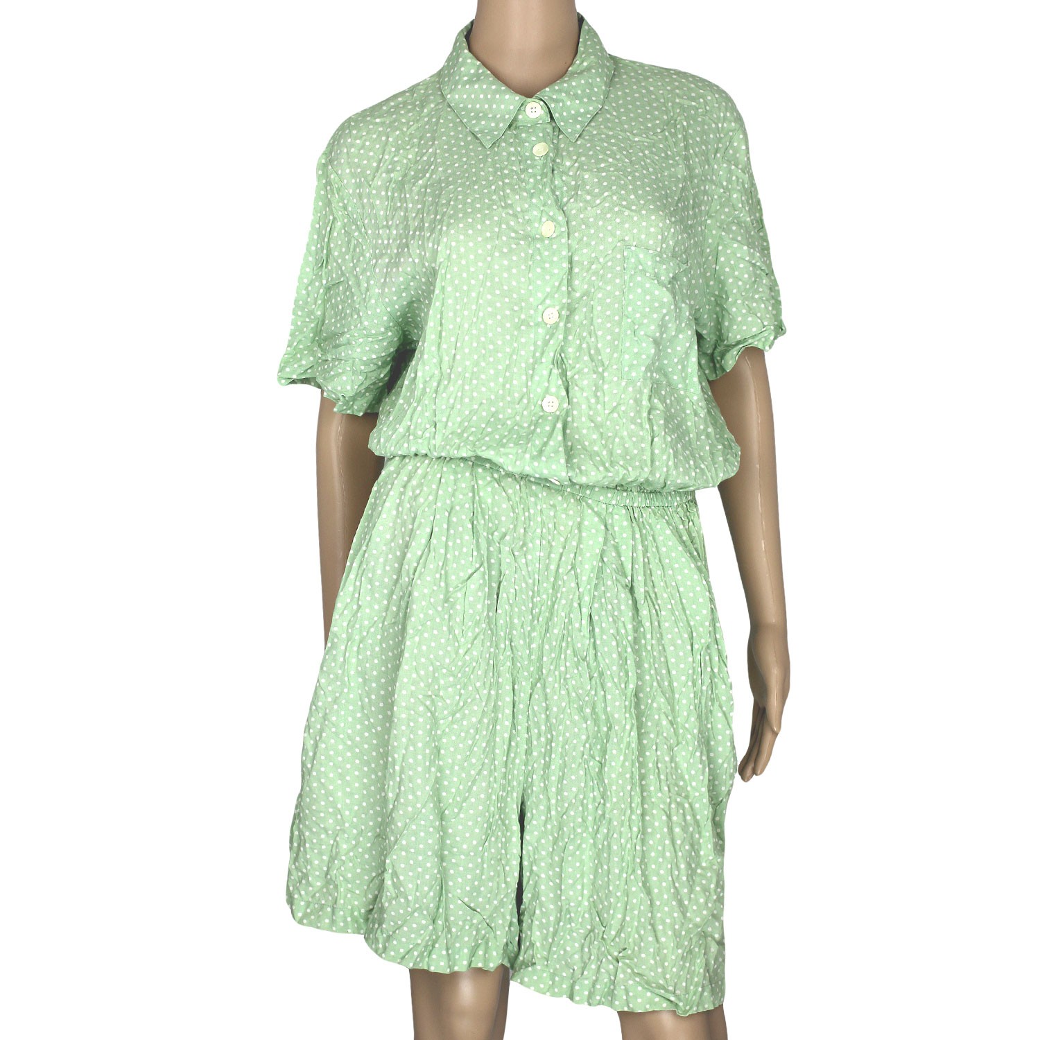 90s Y2K Vintage Rayon Shirt Shorts Romper Summer Playsuit Green White Dot 16 1X