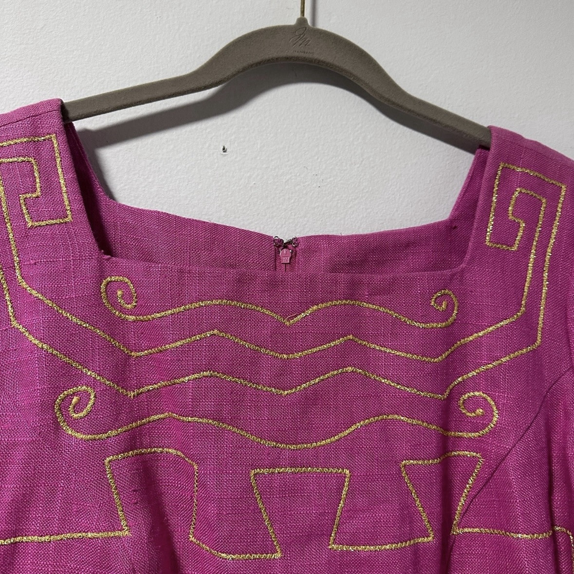Vintage 80s Santa Fe Bright Pink Midi Dress Gold Embroidery Linen Women’s Sz 8
