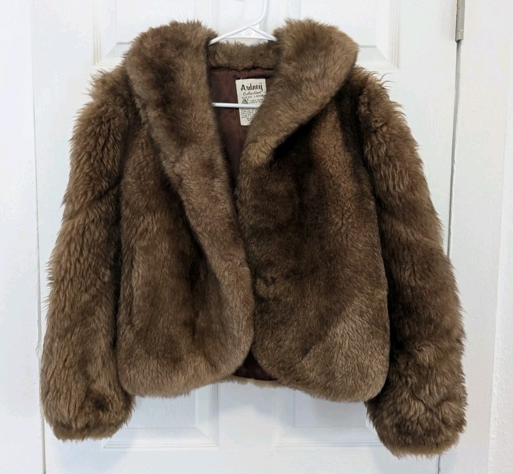 Vtg Ardney Genuine Suede Lamb Shearling Long Pile Wool Puffer Bomber Size 12 Tan