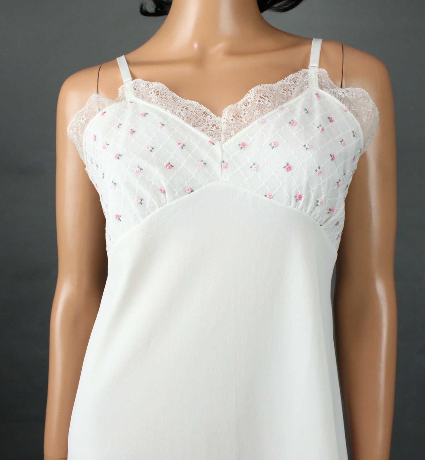 50s Velrose Full Slip 36 White Pink Embroidered Chiffon Short Mini Dress Slip