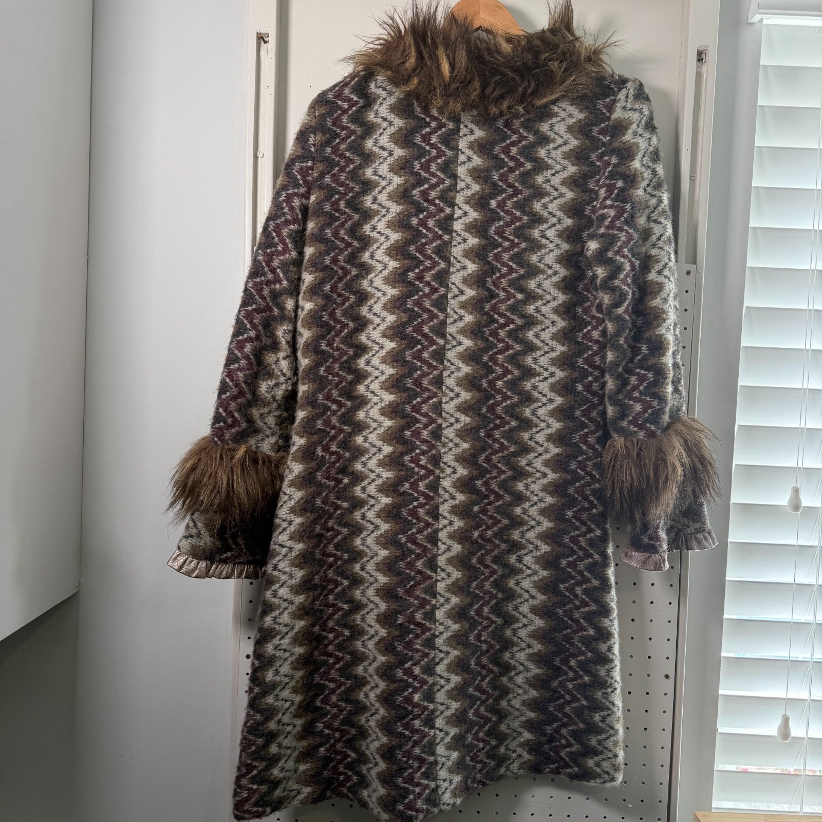 Vintage Boston Proper Faux Fur Trim Coat Women Wool Blend Jacket Medium Art