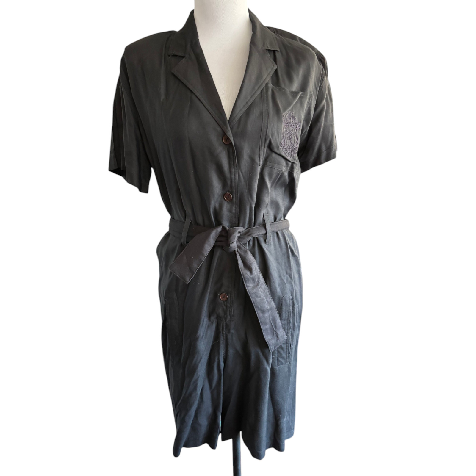 Happy Legs Vintage black short sleeve collared button up belted Romper sz S