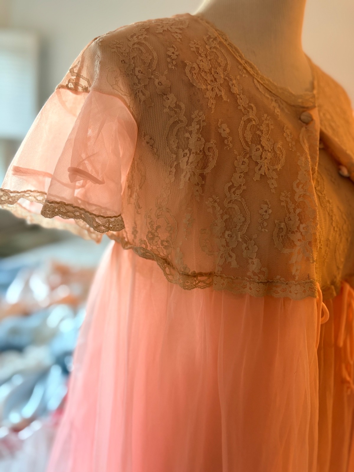 VTG 60s Aristocraft Pink Peignoir Set Sheer Chiffon Lace Nightgown Robe Small