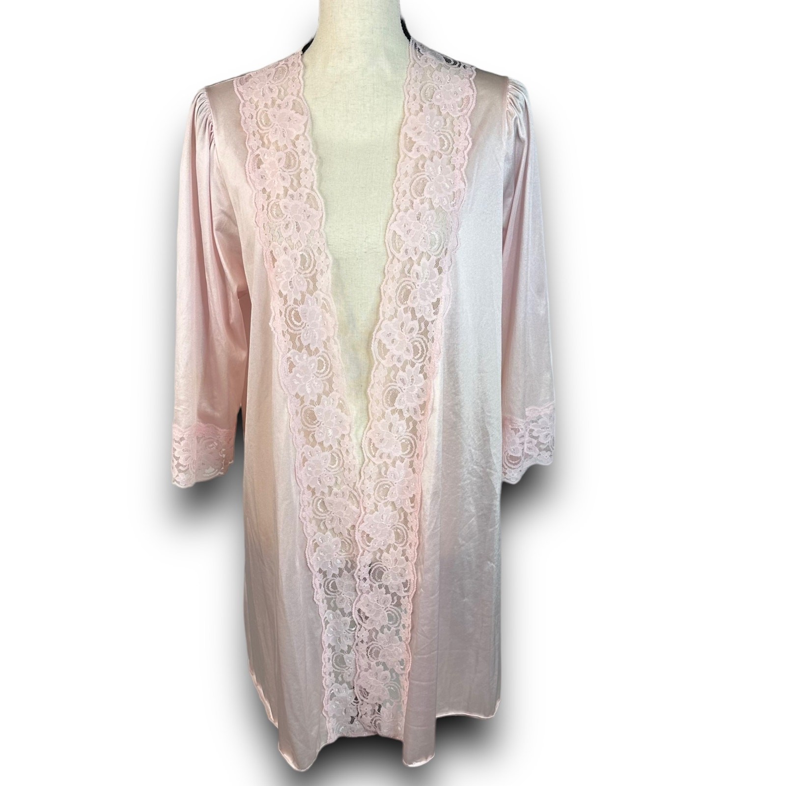 Vintage Avon Style Pink Satin Nylon Open Lace Trim Robe Midi Length Small Medium