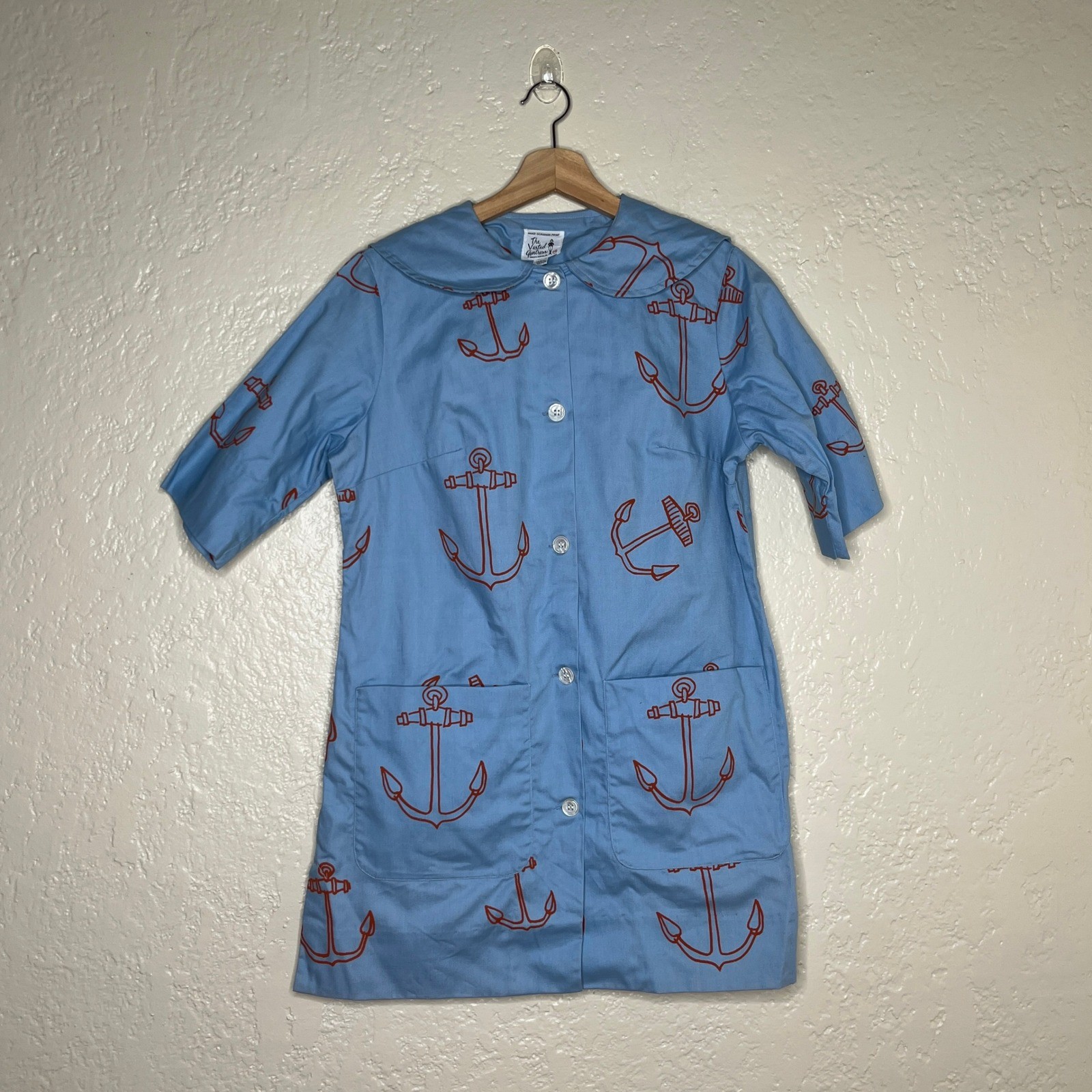Vintage Vested Gentress Blue Cotton Anchor Hand Screened Print Shift Dress 14