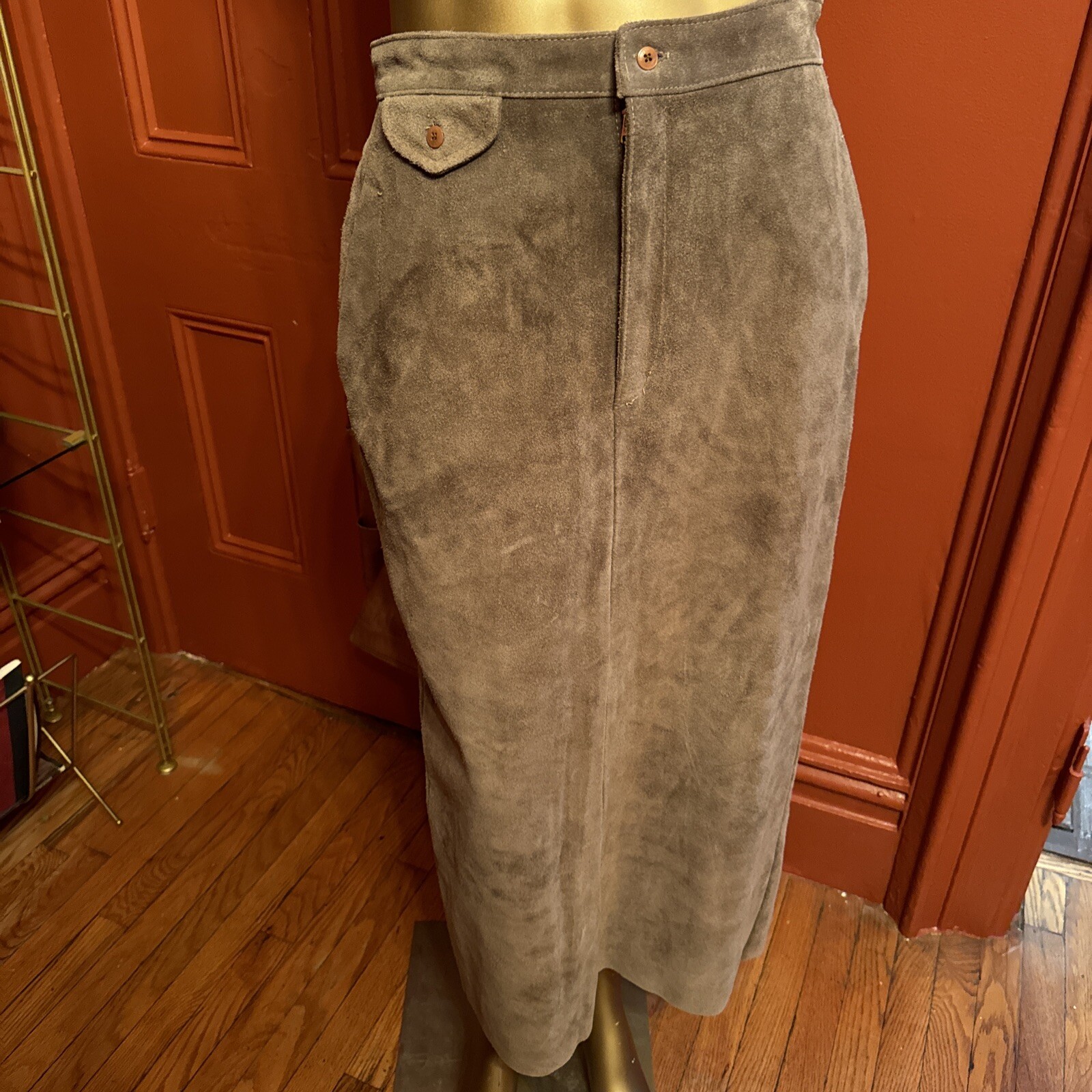 Ralph Lauren Country Brown Long Suede Western Skirt 12 Pockets 4 Pockets