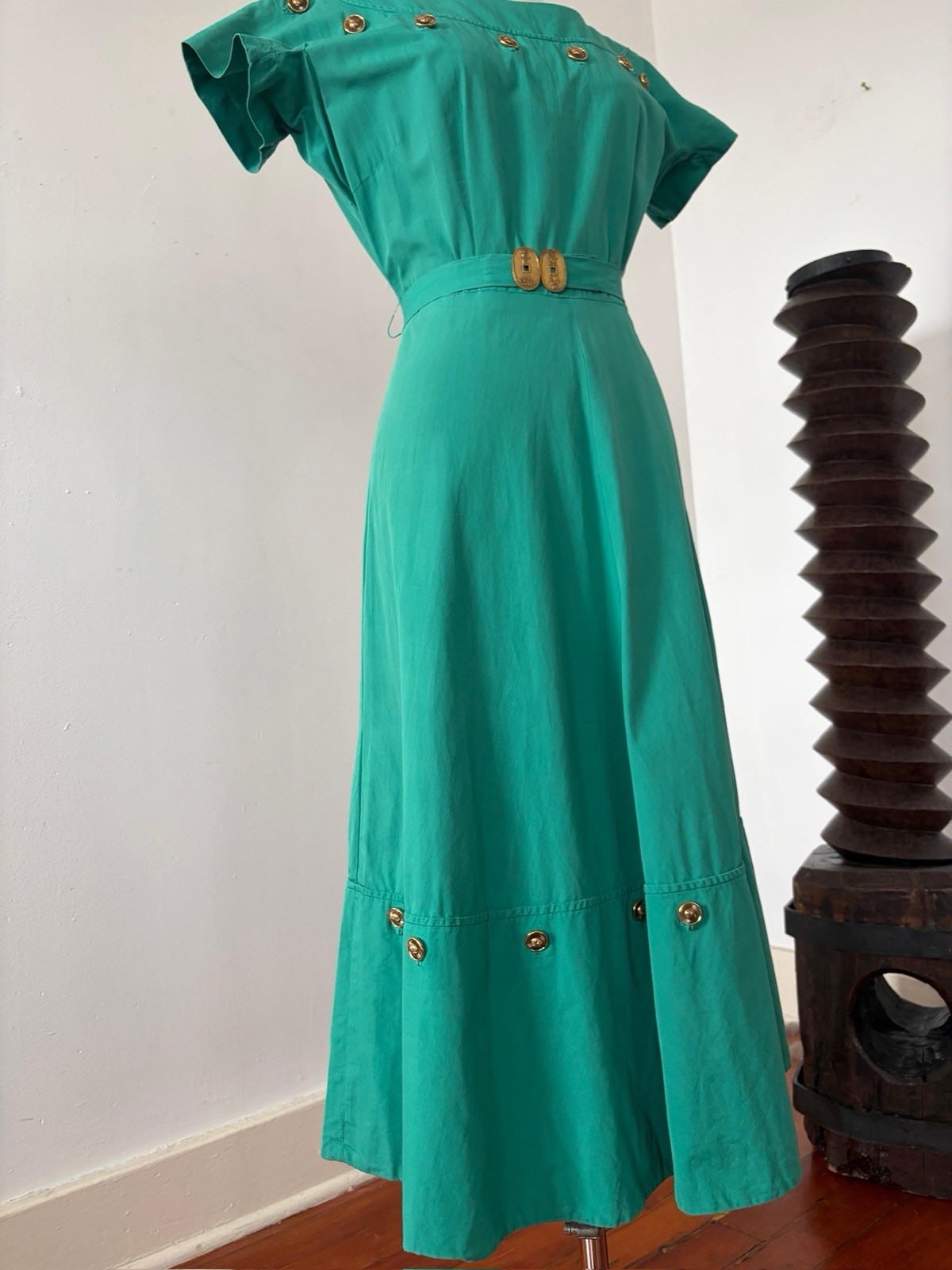 1950s Jade Green Polished Cotton Day Dress Midi Bateau Neck Crest Buttons Resort