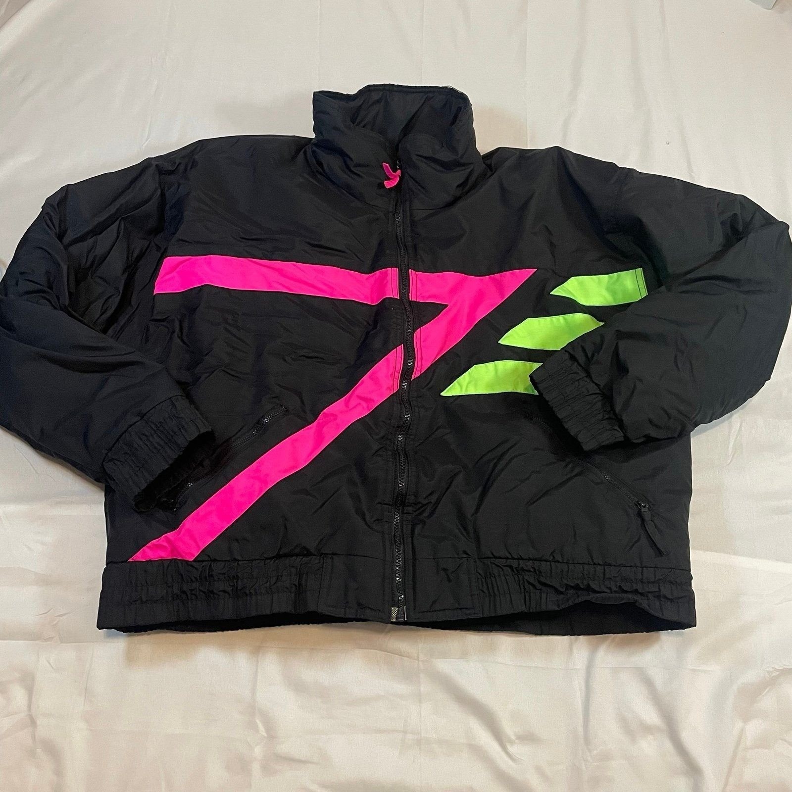 Vintage UA Sport Neon Puffer Jacket Womens Large Black Pink Green 80s 90s Retro