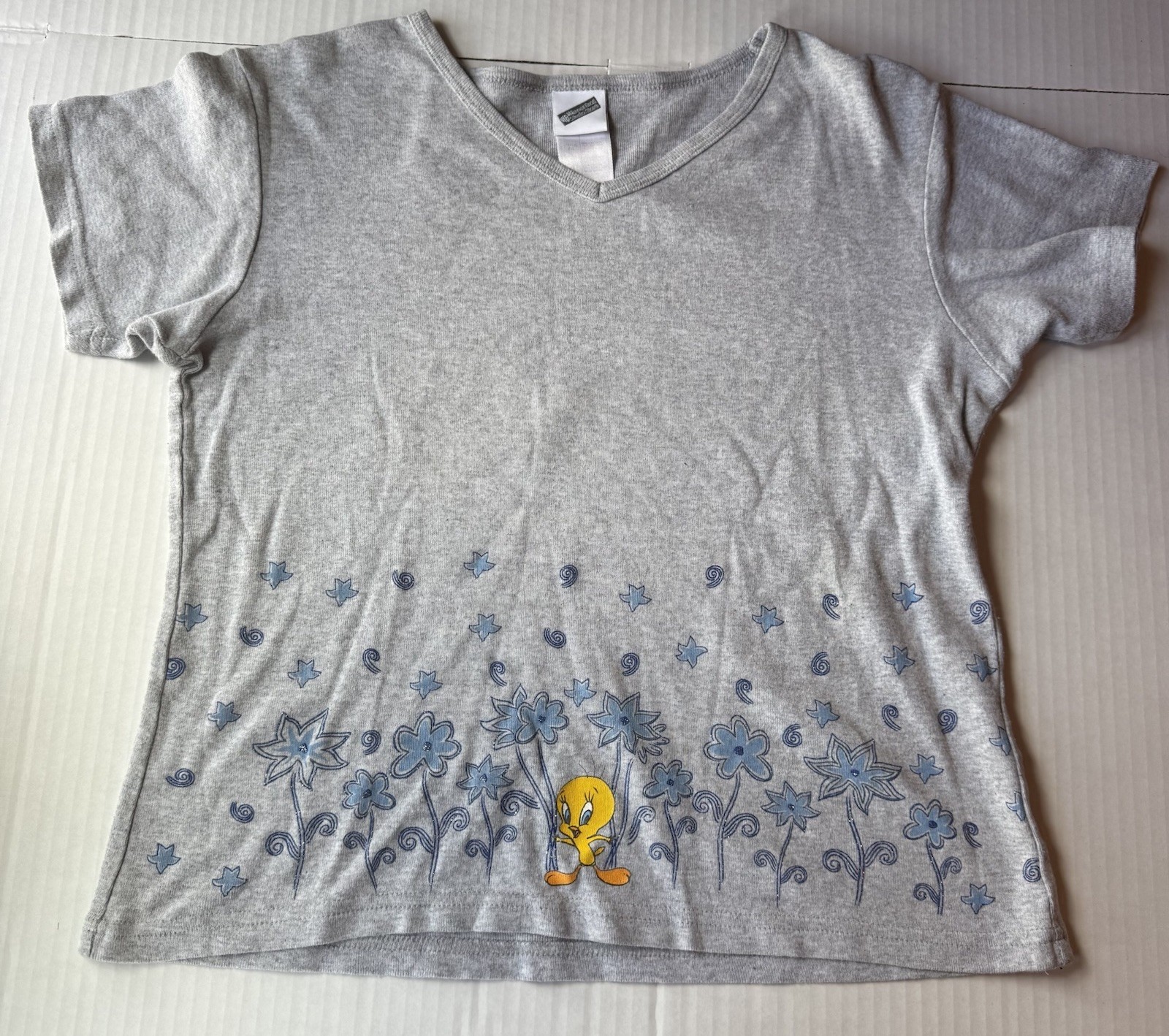 VTG Looney Tunes Warner Bros Tweety Bird V Neck T Shirt Women’s XL Floral 1999