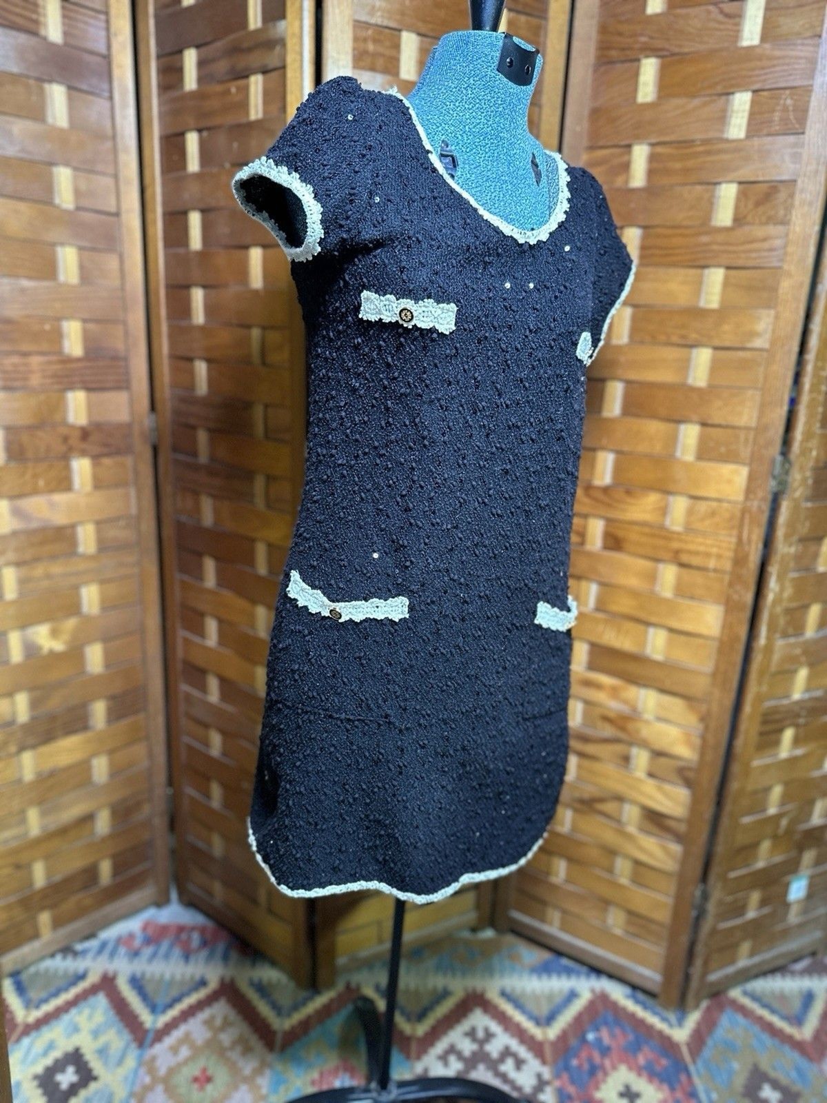 Joseph Ribkoff Womens Mini Knit Dress Black Cream Trim Sequin Vintage XS/S