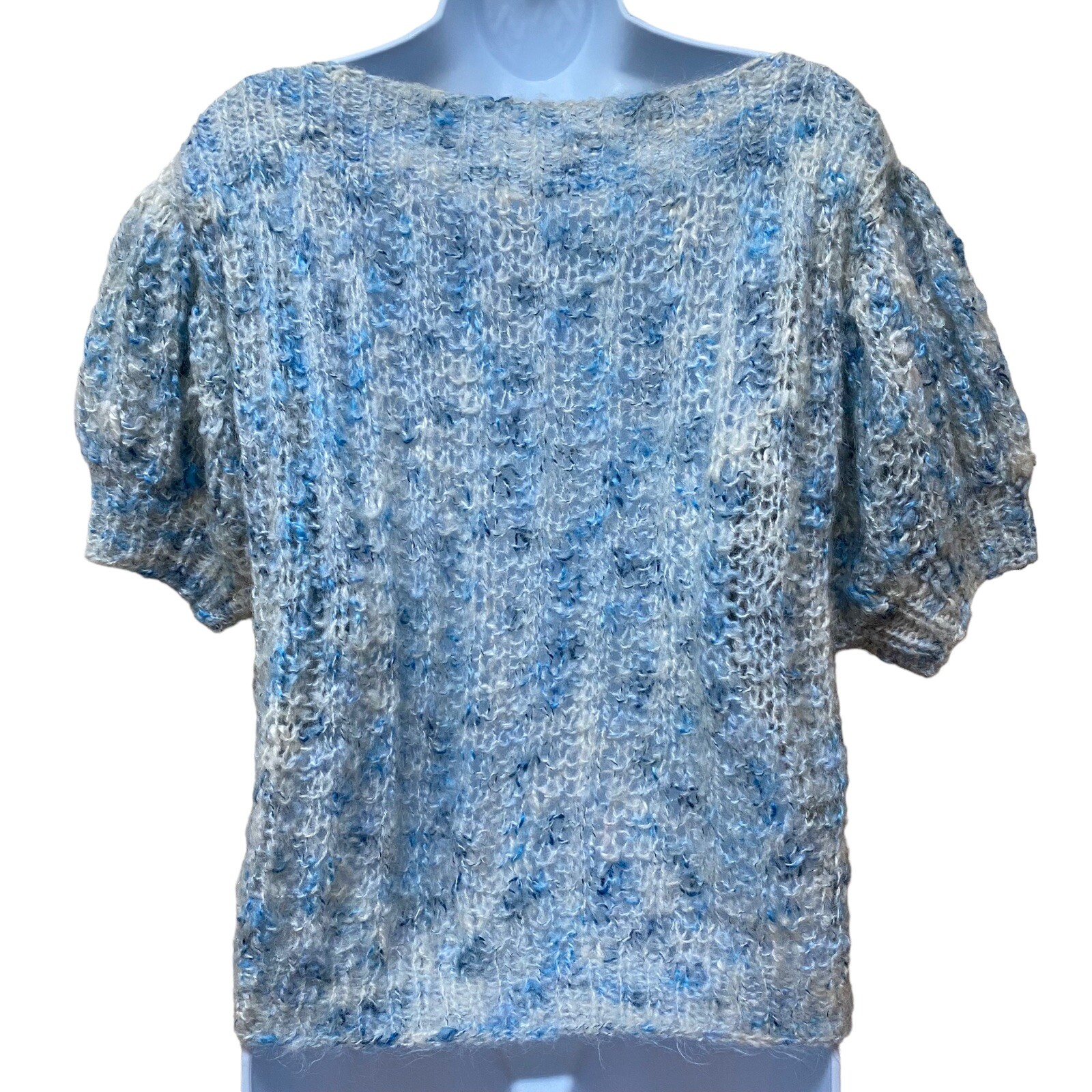 Vintage Handmade Knit Crochet Sweater Puff Sleeve Open Knit Fuzzy Soft Fit M/L