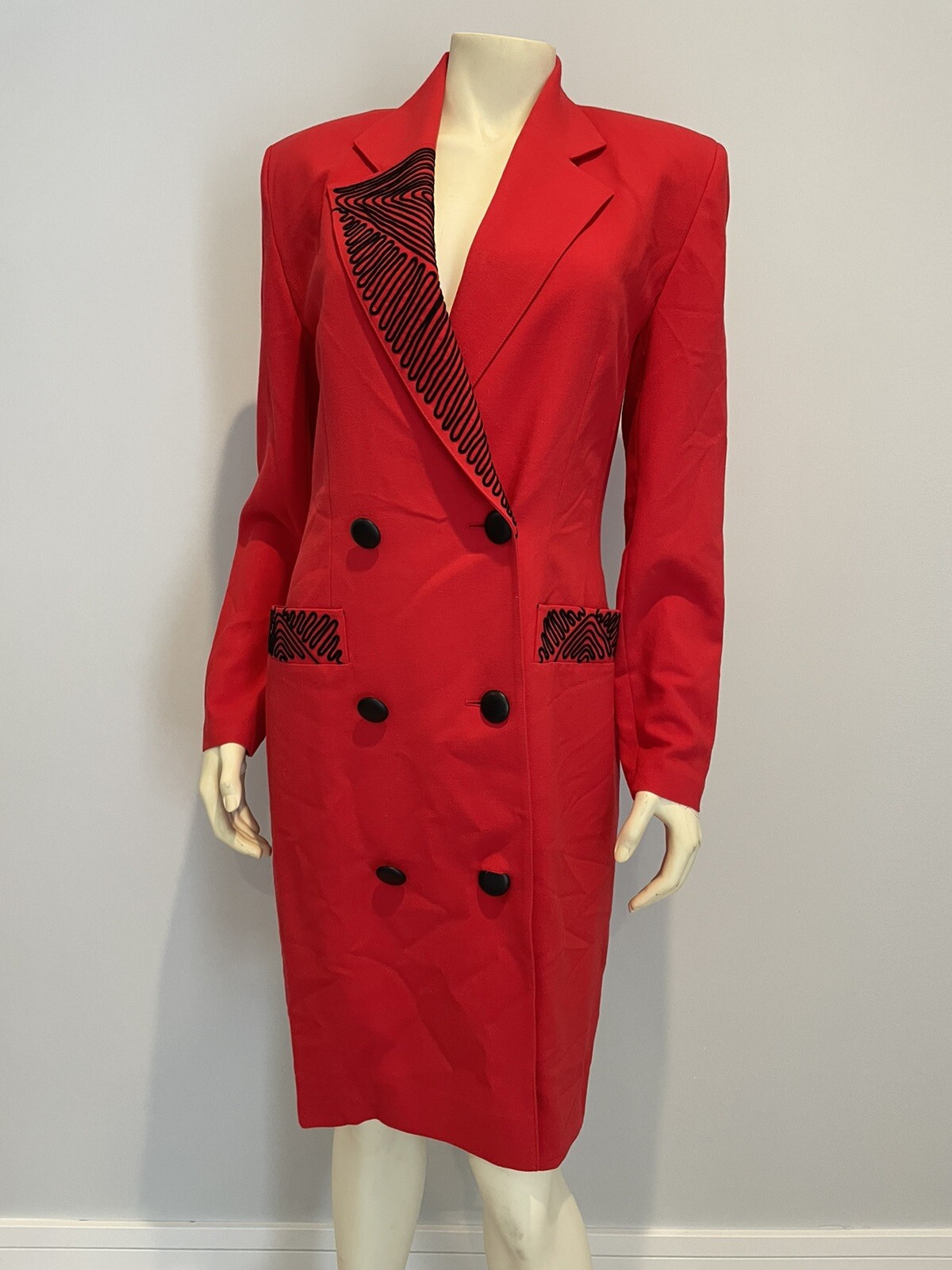 Louis Féraud 1980s Red Wool Crepe Double-Breasted Coat Dress Us6 Red Valentines