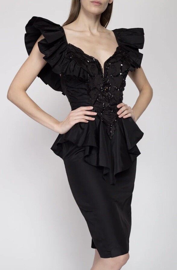 Vintage 80’s Climax Karen Okada Ruffled Peplum Bodice, knee Length Dress. Sz 5/6