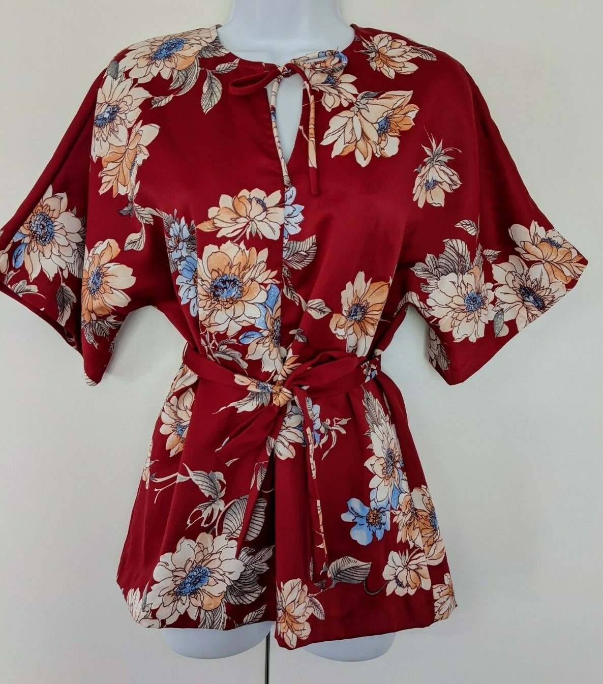 Vintage Nani Of Hawaii Belted Red Floral Hawaiian Blouse Top Polyester USA S