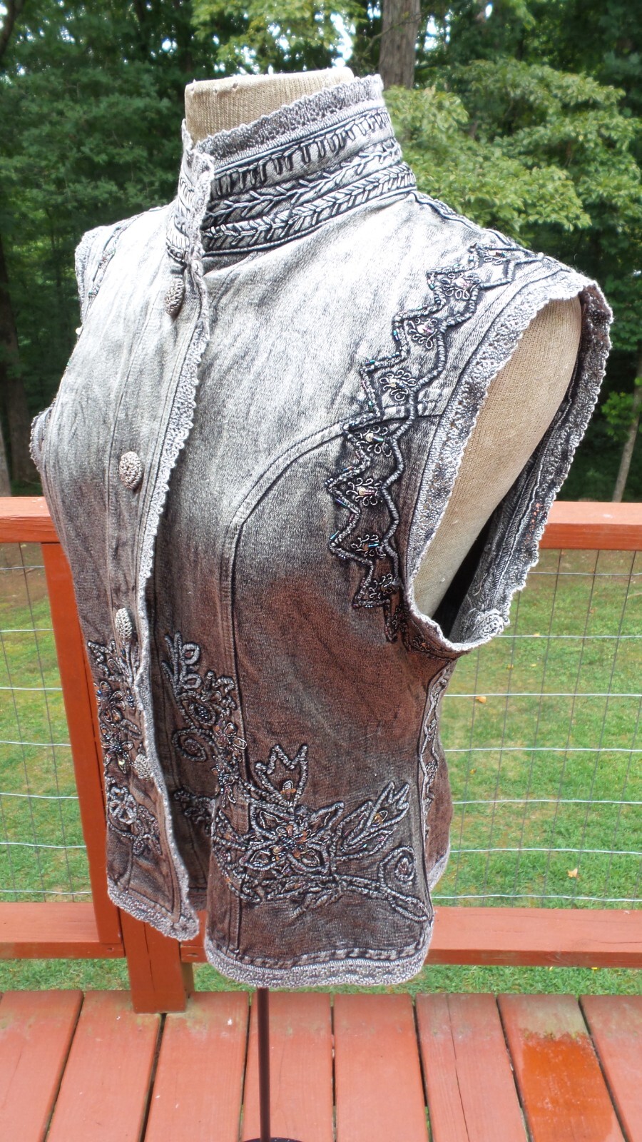 Vintage 80’s FLASHBACK Black Embroidered Sequined Lace Denim Boho Vest size M