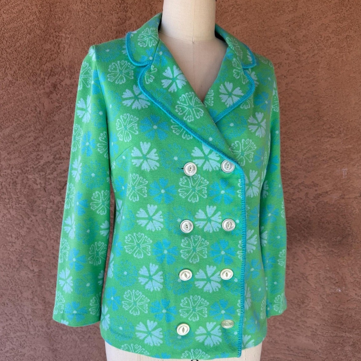 1960s Mod Floral Knit Blazer Jacket, Green Blue Orlon Double Breasted
