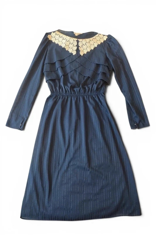 Rice Pudding Ltd Vintage 70s 80s Lace Collar Dress Navy Blue Striped Made in USA