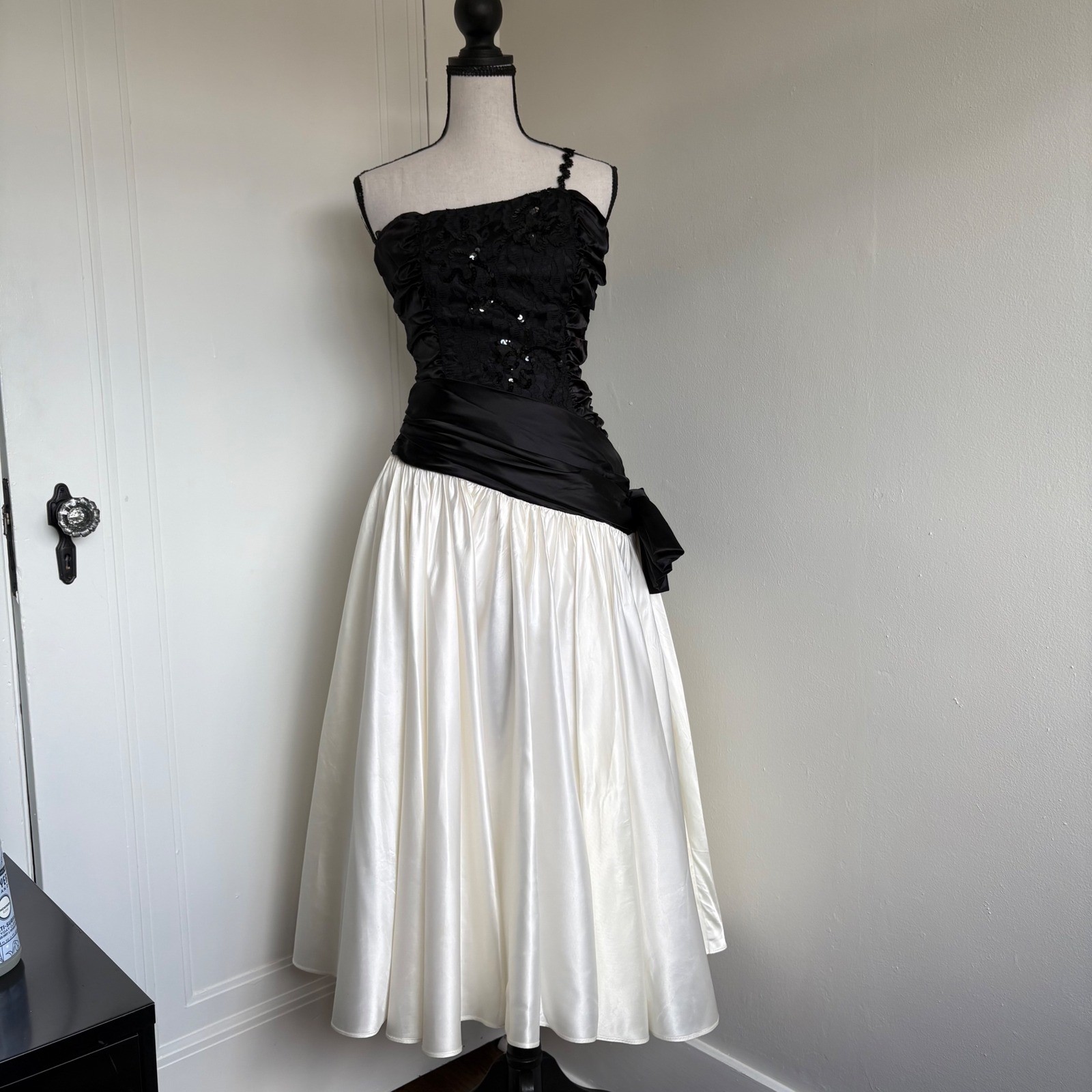 Vintage Zum Zum 80s Prom Dress Black Lace Sequin One Shoulder White Skirt Bow