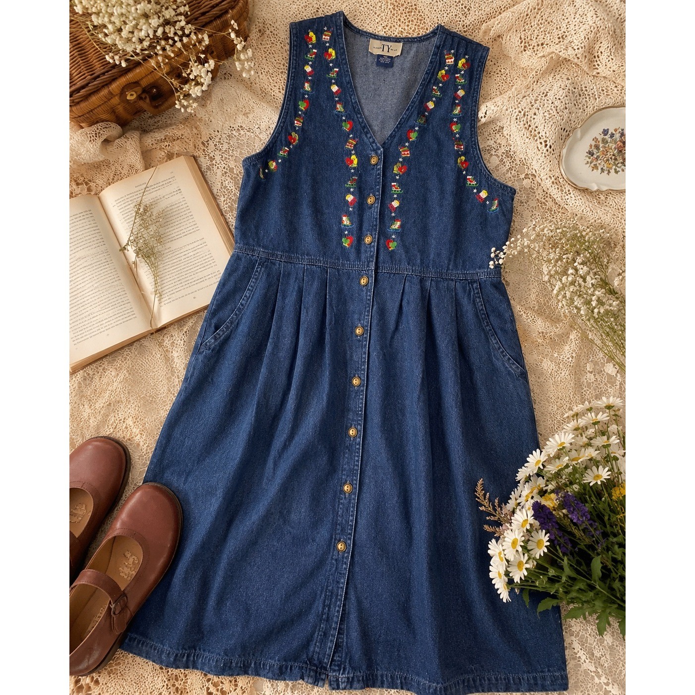 Original TY Wear Vintage Denim Christmas Embroidered Jumper Dress Blue 10P