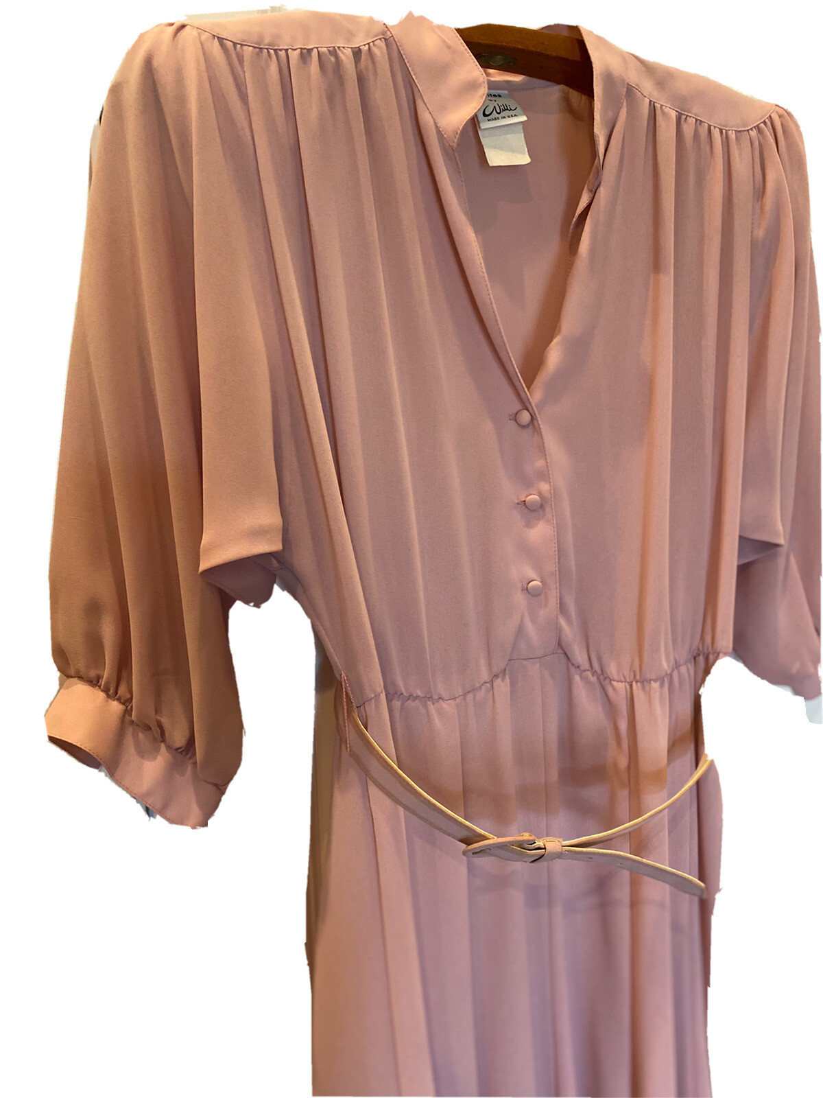 Vintage 1980’s Petites By Willi Pink Belted Secretary Dress Women’s W/ Nylons