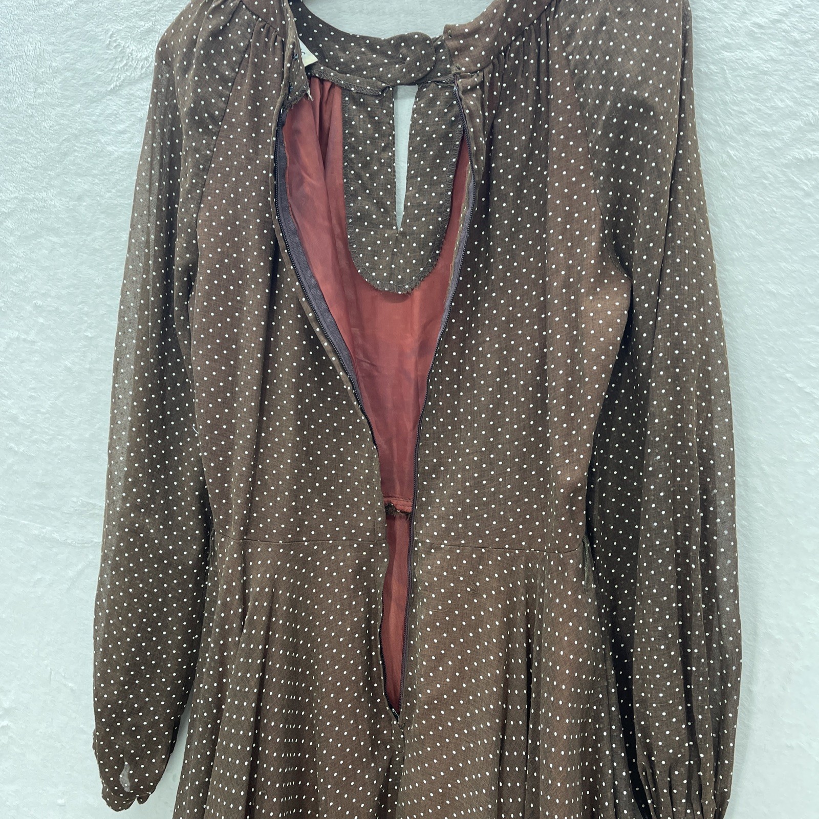Vtg Brown White Swiss Dot Sz 12 Fit/Flair Long Sleeve Sheer Lined Twirl Retro