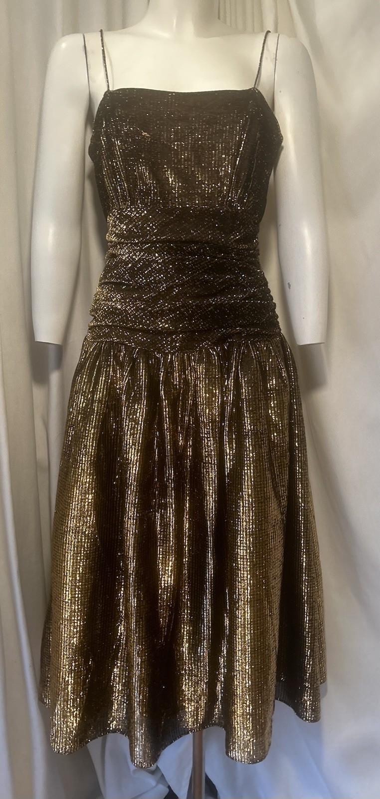 Vtg Gold Black Lame Lurex Metallic Glam Disco Glitter Party Formal Prom Dress M