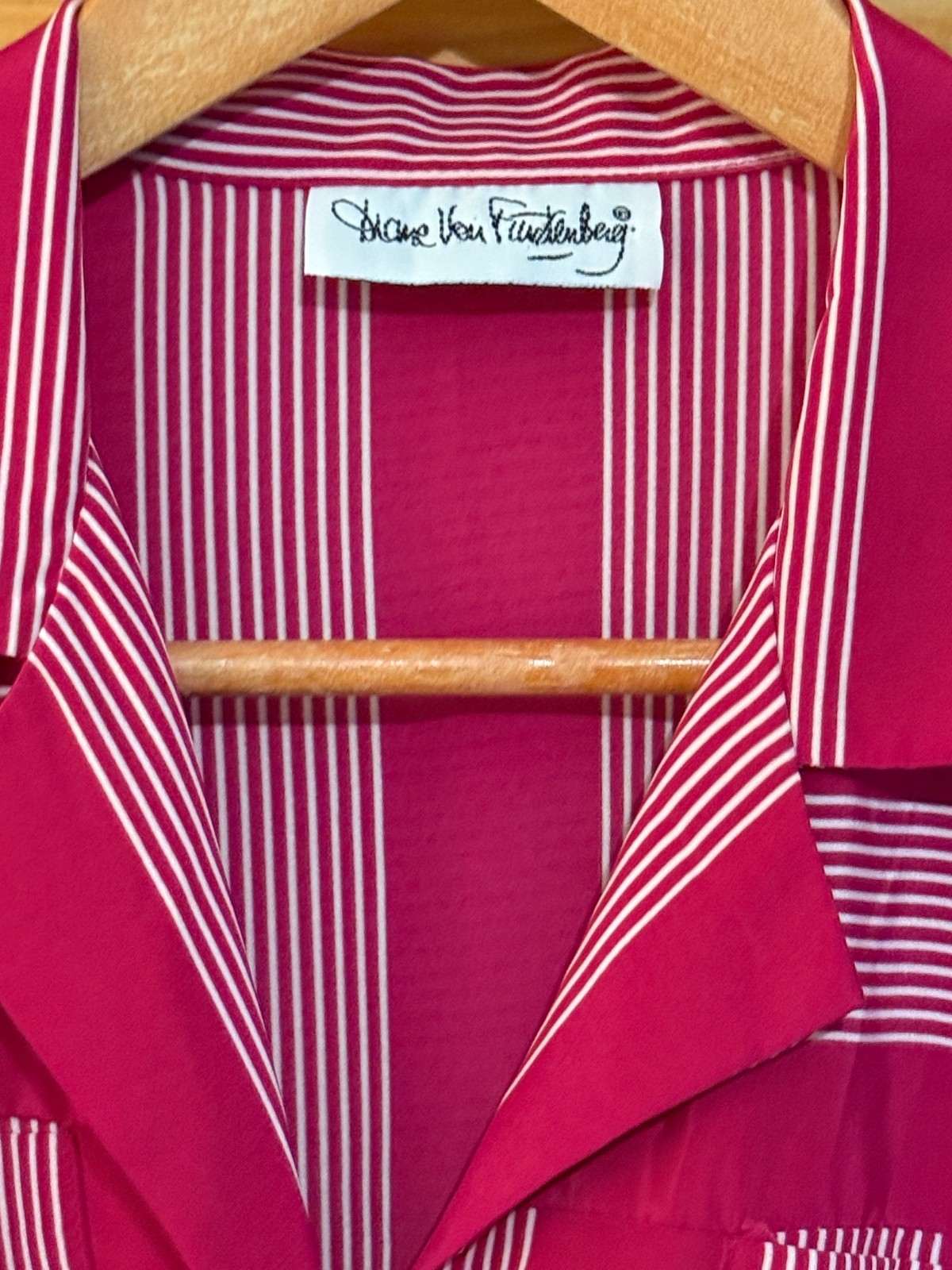 Vtg 80s Diane Von Furstenberg Tailored Pink Striped Midi Shirt Dress size 6