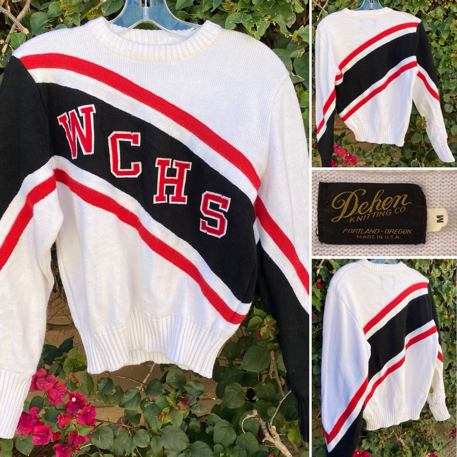 Vintage 80s Dehen Cheerleader Sweater WCHS White Black Red Acrylic Knit Size M