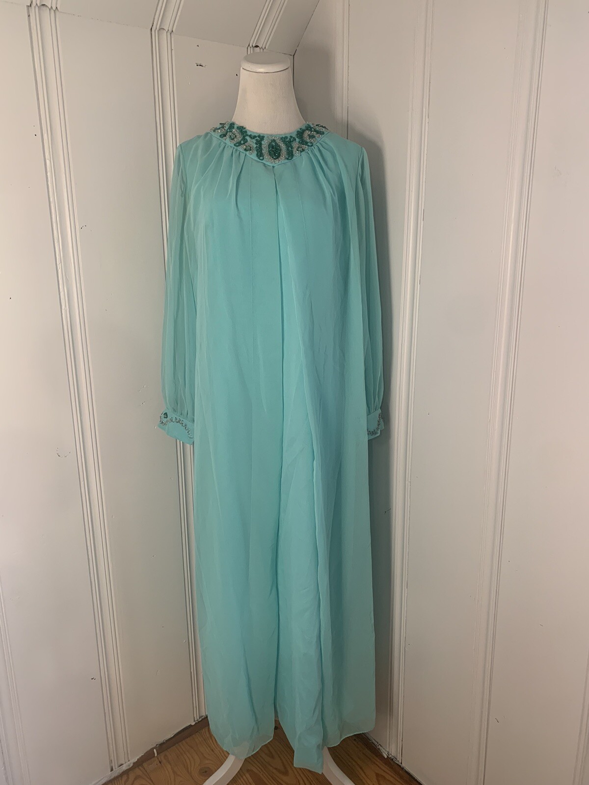 Vintage 1960S Gown It’s An Elgin Dress Teal Beaded Long Boho Chic Retro