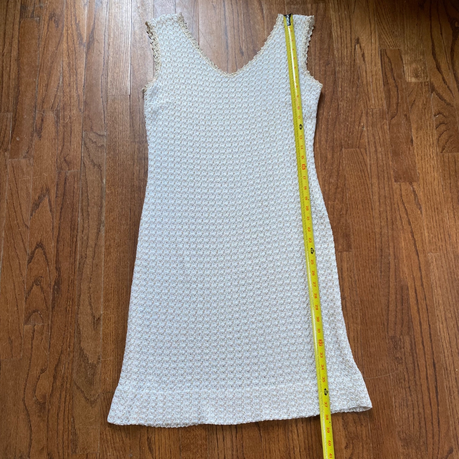 Vintage Crochet Dress Mod 60s 70s Sleeveless Boho Cream Metallic Gold Size Large