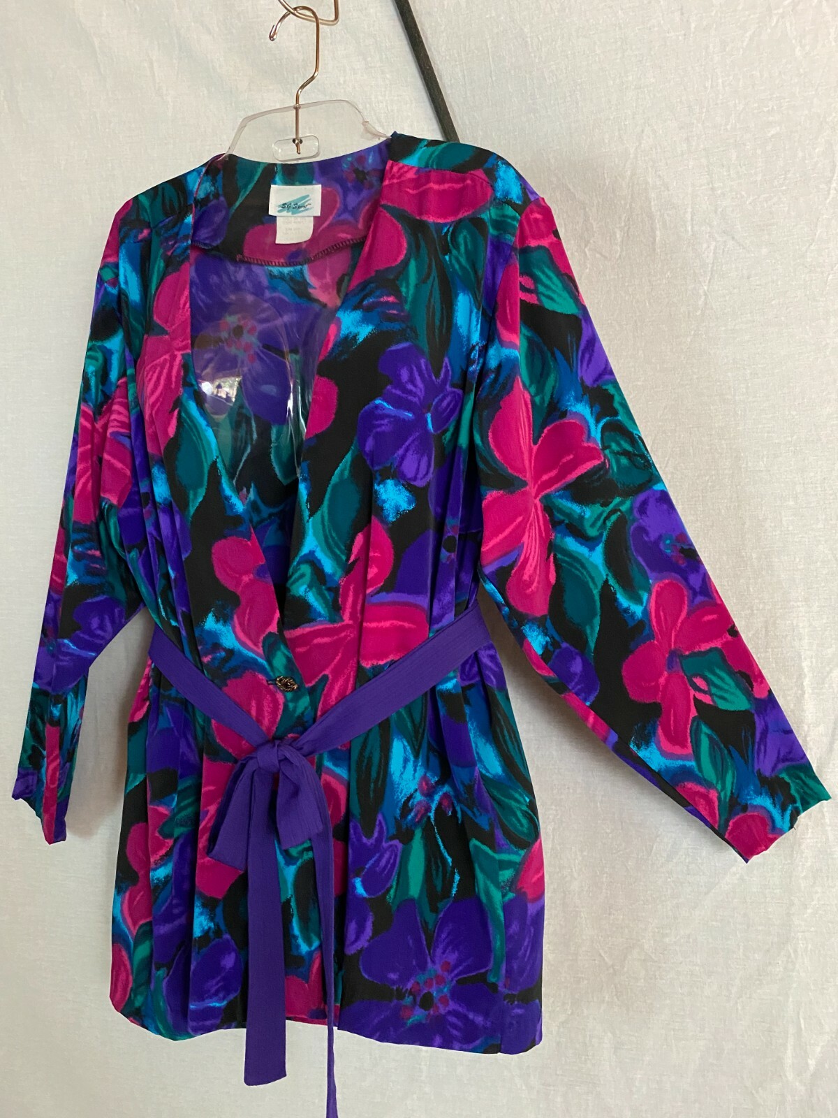 Vtg 80s S G Sport Jacket Top Floral Black Purple Magenta Blue Green Belted USA L